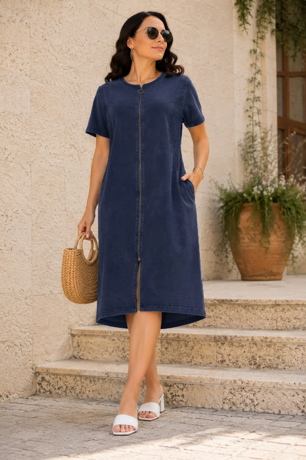 CEDY DENIM - Büyük Beden - Kadın Fermuarlı Taş ve Dantel Detaylı Vintage Elbise C409 - LACİVERT
