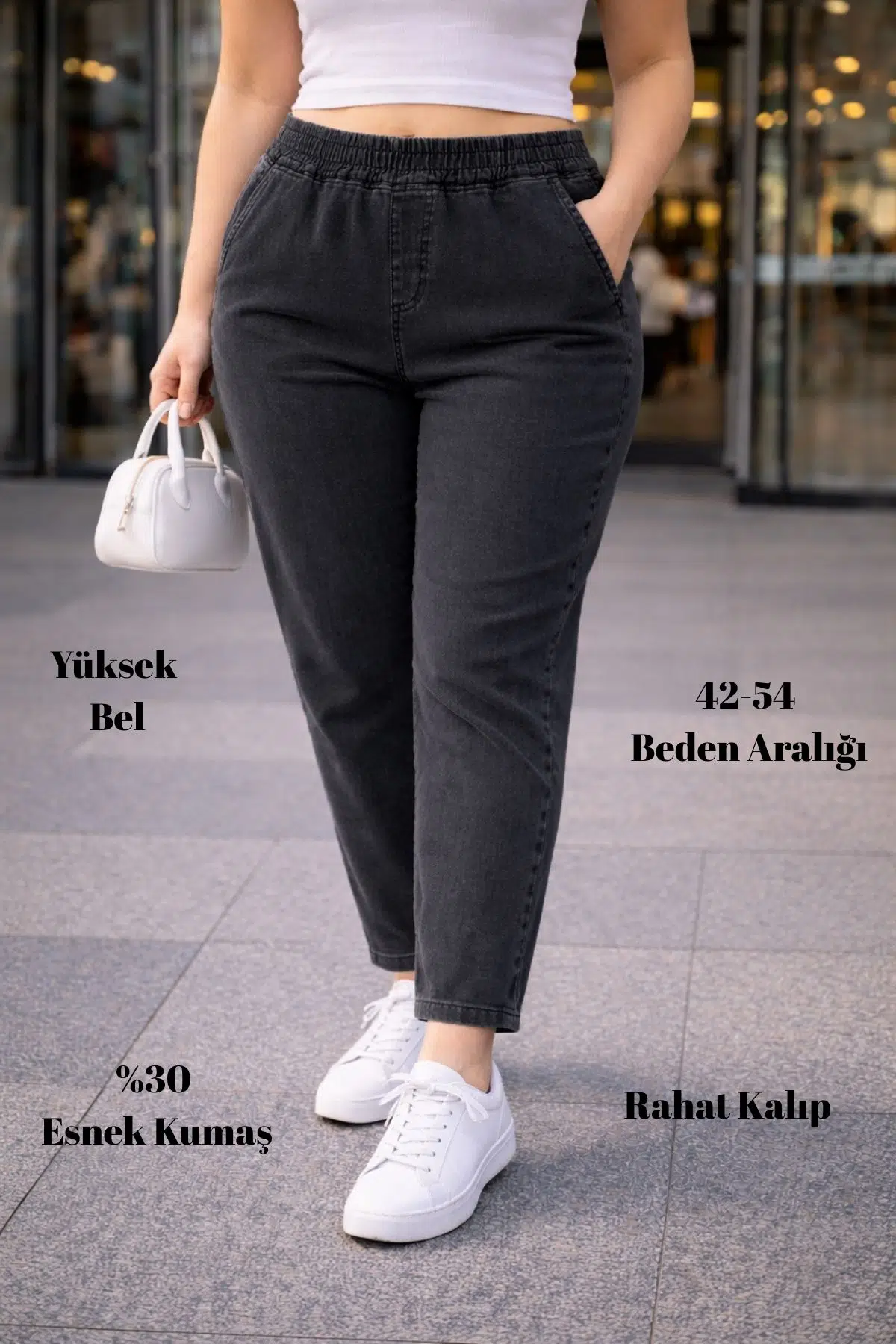 CEDY DENIM - Büyük Beden Likralı, Beli Lastikli Jean Pantolon C636 - Antrasit