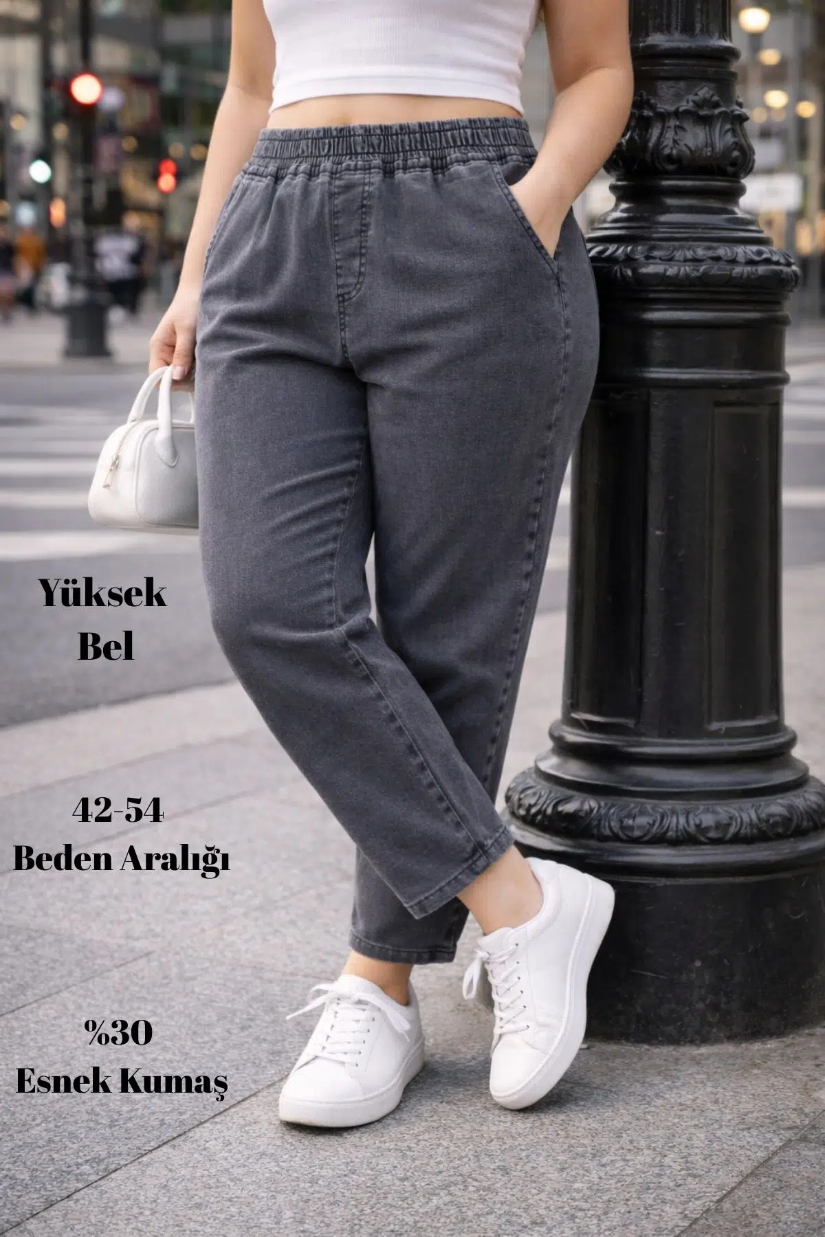 CEDY DENIM - Büyük Beden Likralı, Beli Lastikli Jean Pantolon C636 - Açık Gri