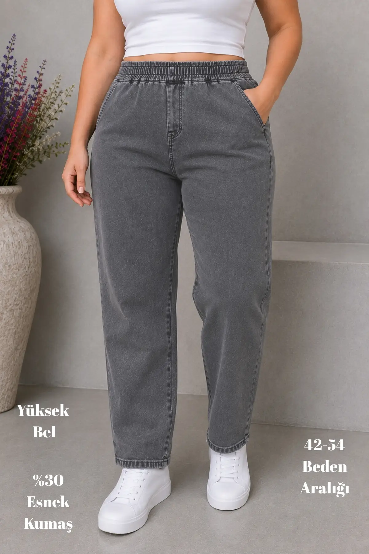 CEDY DENIM - Büyük Beden Likralı, Beli Lastikli Jean Pantolon C636 - Açık Gri