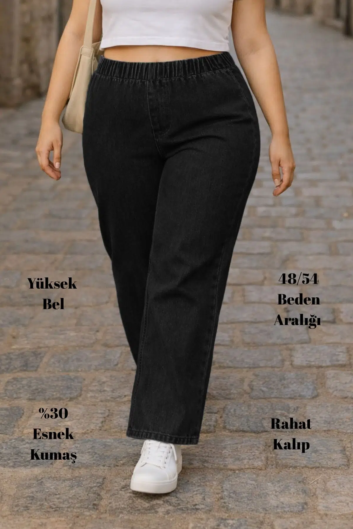 CEDY DENIM- Büyük Beden Likralı Kumaş Cepsiz Beli Lastikli Palazzo Pantolon C642 - Siyah