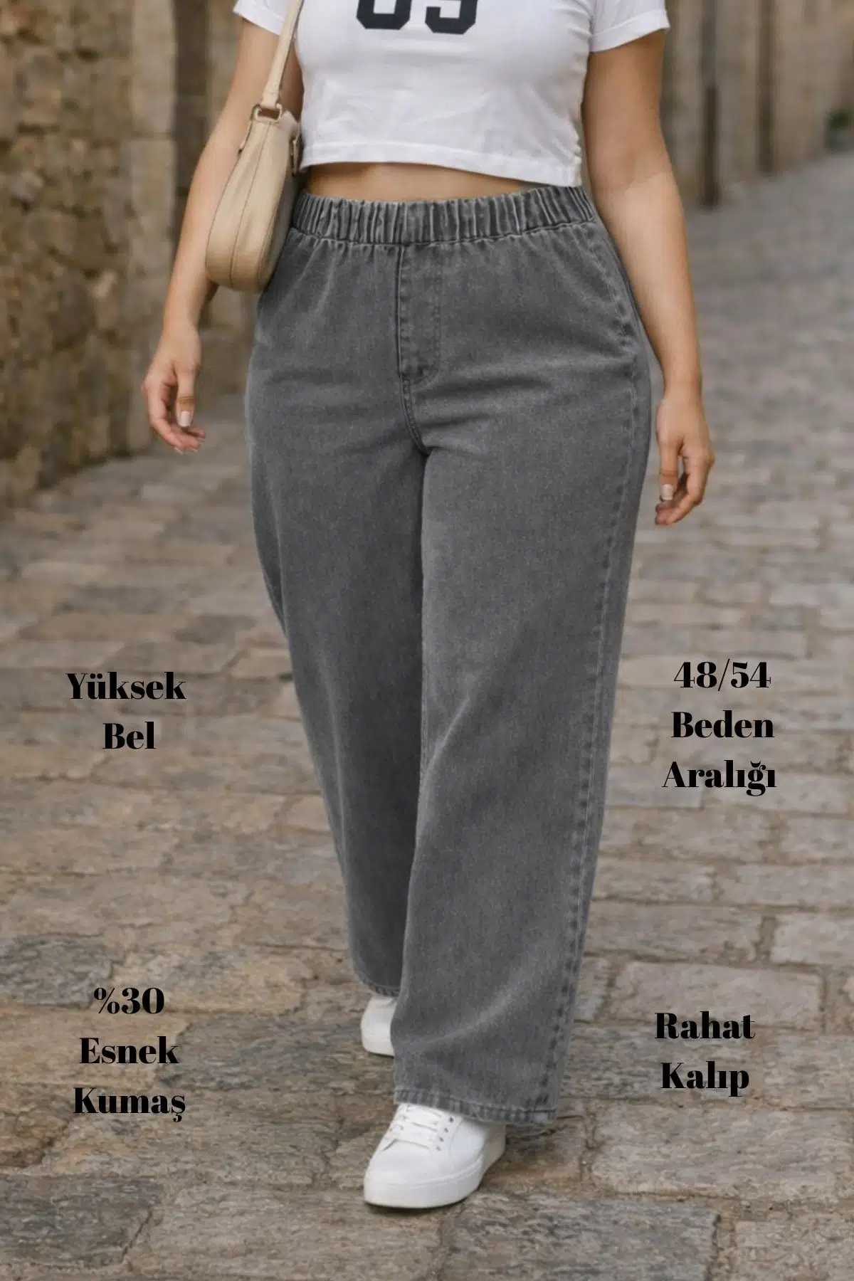 CEDY DENIM- Büyük Beden Likralı Kumaş Cepsiz Beli Lastikli Palazzo Pantolon C642 - Açık Gri