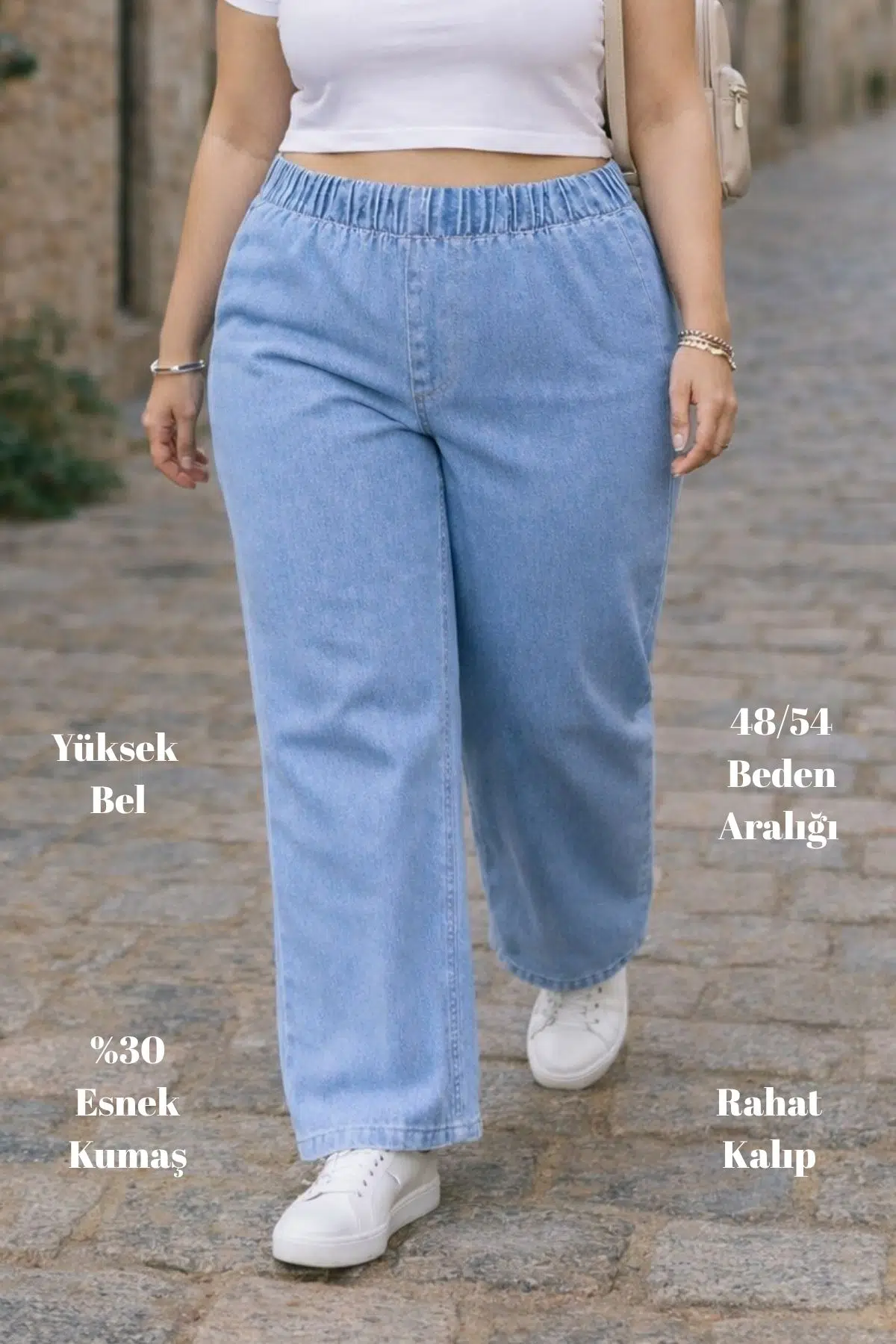 CEDY DENIM- Büyük Beden Likralı Kumaş Cepsiz Beli Lastikli Palazzo Pantolon C642 - Buz Mavisi