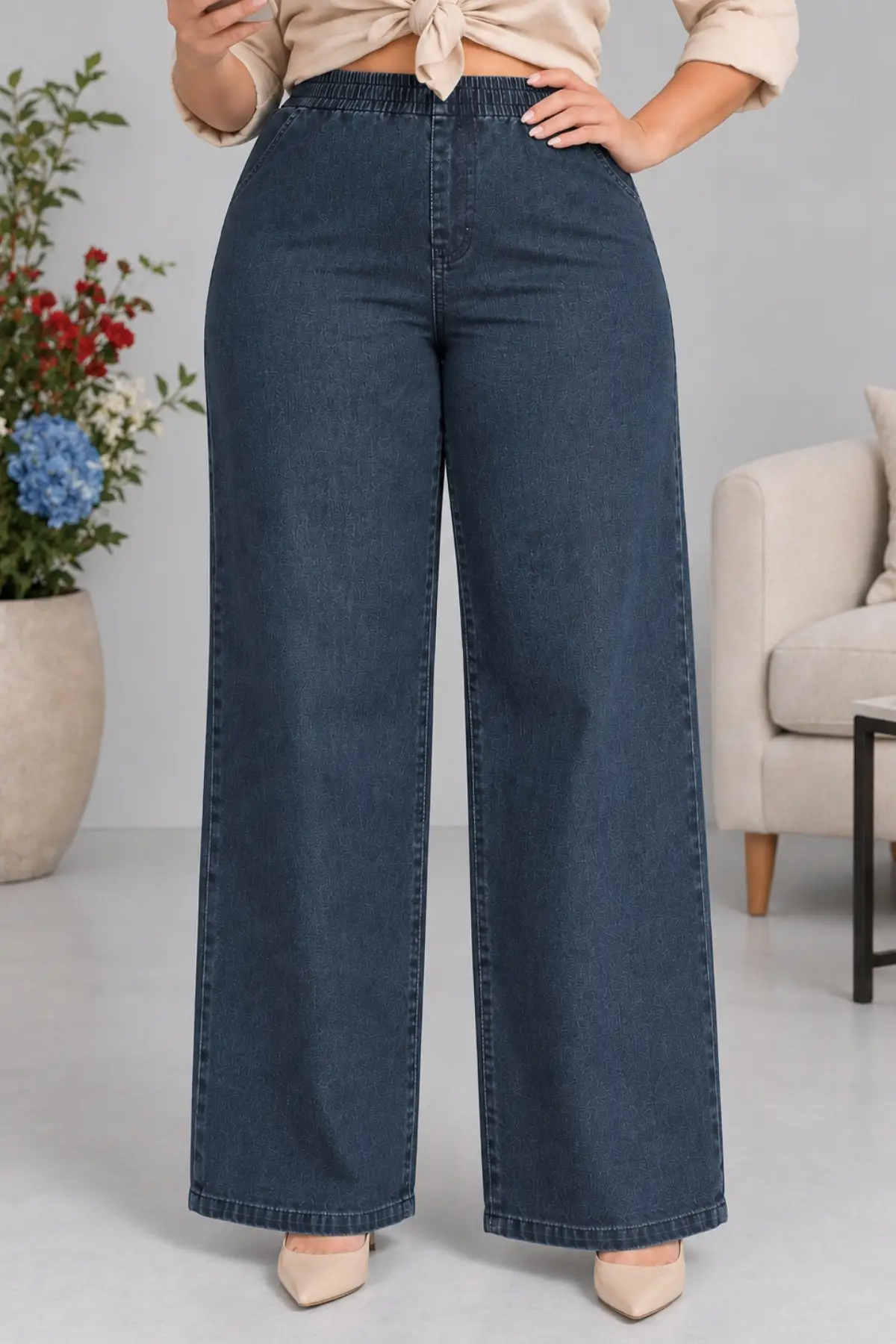 CEDY DENIM- Büyük Beden Likralı Kumaş Cepsiz Beli Lastikli Palazzo Pantolon C642 - Açık Mavi