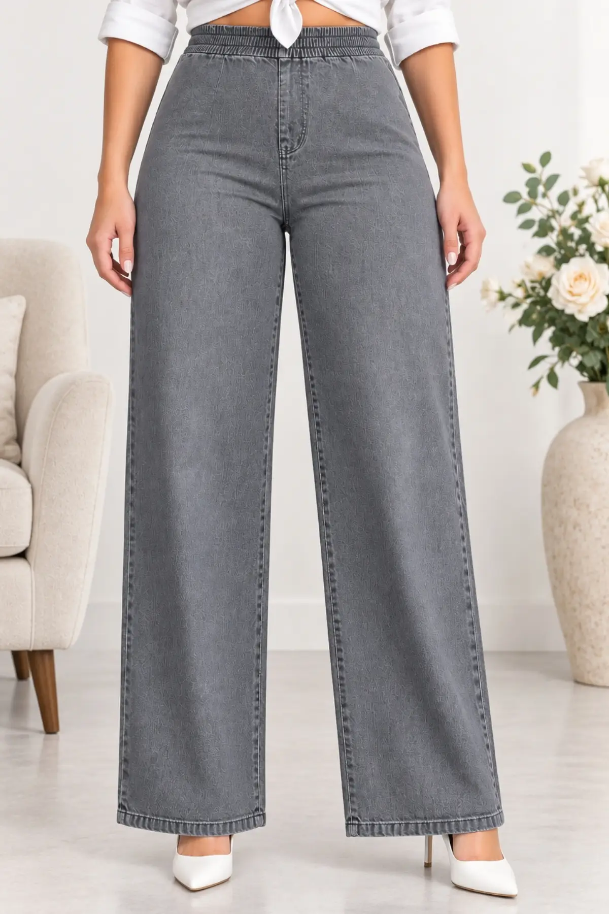 CEDY DENIM- Büyük Beden Likralı Kumaş Cepsiz Beli Lastikli Palazzo Pantolon C642 - Açık Gri