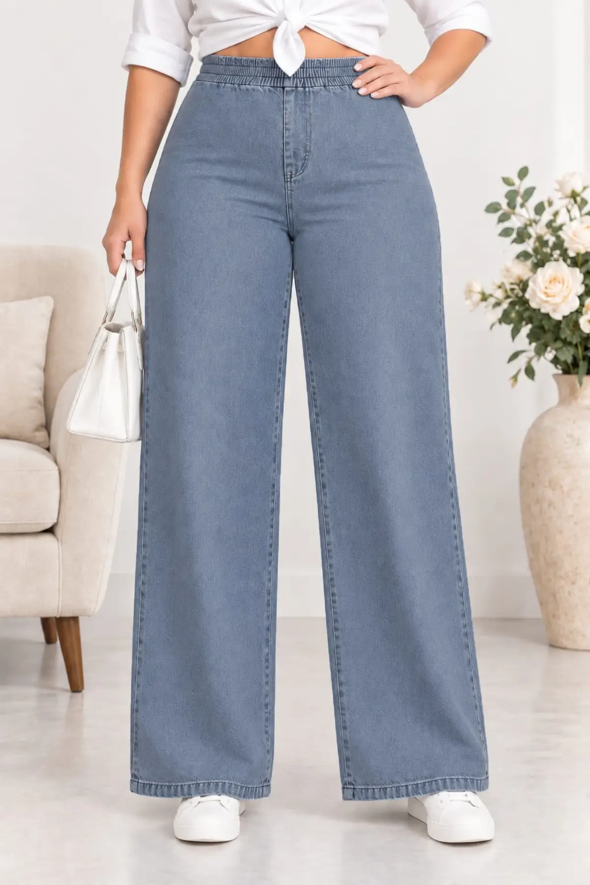 CEDY DENIM- Büyük Beden Likralı Kumaş Cepsiz Beli Lastikli Palazzo Pantolon C642 - Buz Mavisi