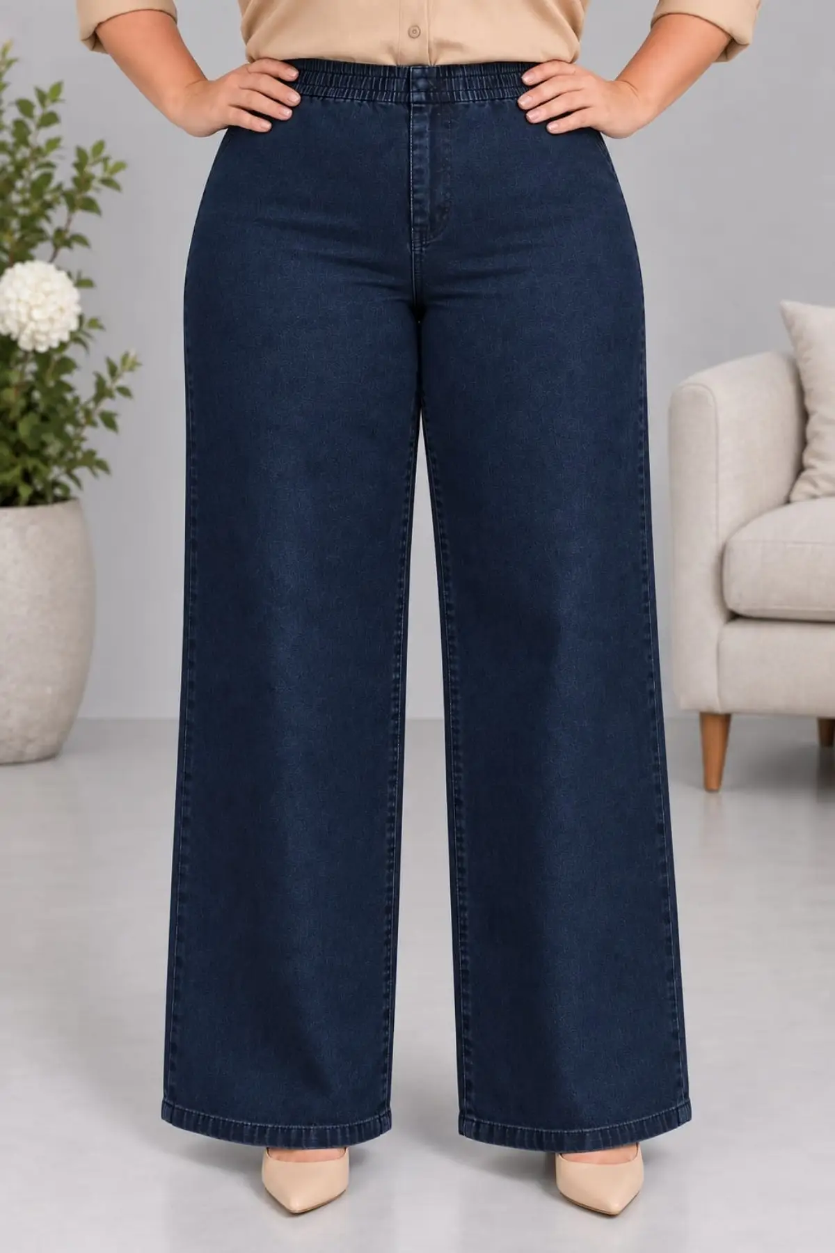 CEDY DENIM- Büyük Beden Likralı Kumaş Cepsiz Beli Lastikli Palazzo Pantolon C642 - Mavi