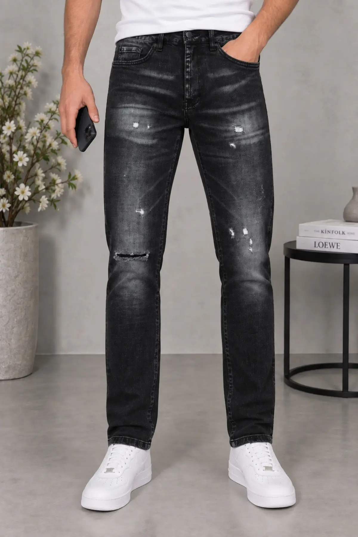 CEDY DENIM Erkek Slim Fit Esnek Likralı Vintage Yıkamalı Yırtık Detaylı Rahat Kesim Denim Kot Pantolon CT1205-Siyah