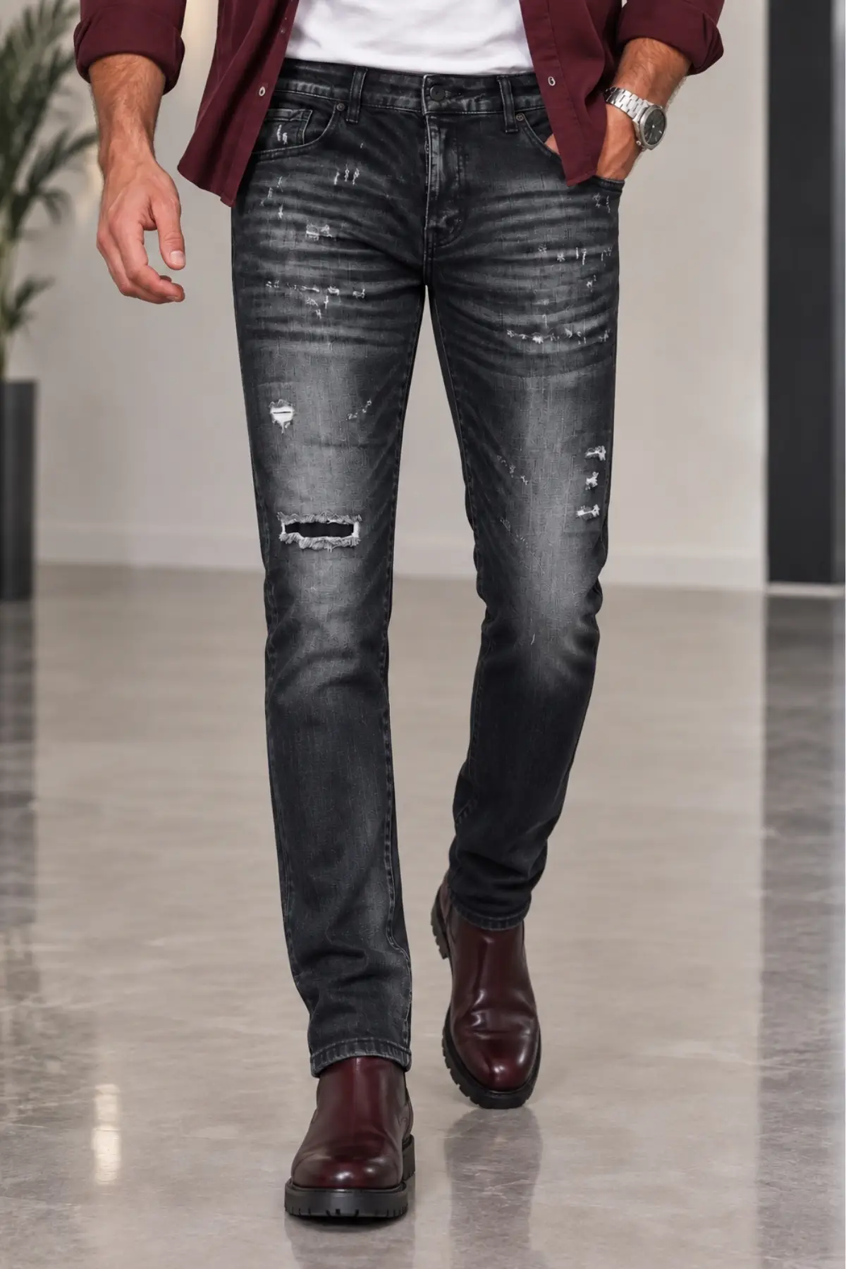 CEDY DENIM Erkek Slim Fit Esnek Likralı Kot Pantolon Vintage Yıkamalı Yırtık Detaylı Dar Paça Jean CT1210-Siyah
