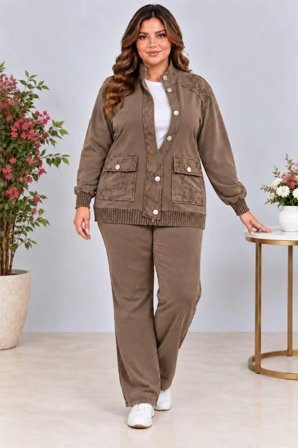 CEDY DENIM Kadın Beli Lastikli Kordon Ayarlamalı Parça Boya Geniş Paça Ceketli Eşofman Takımı C7140 - Kahverengi