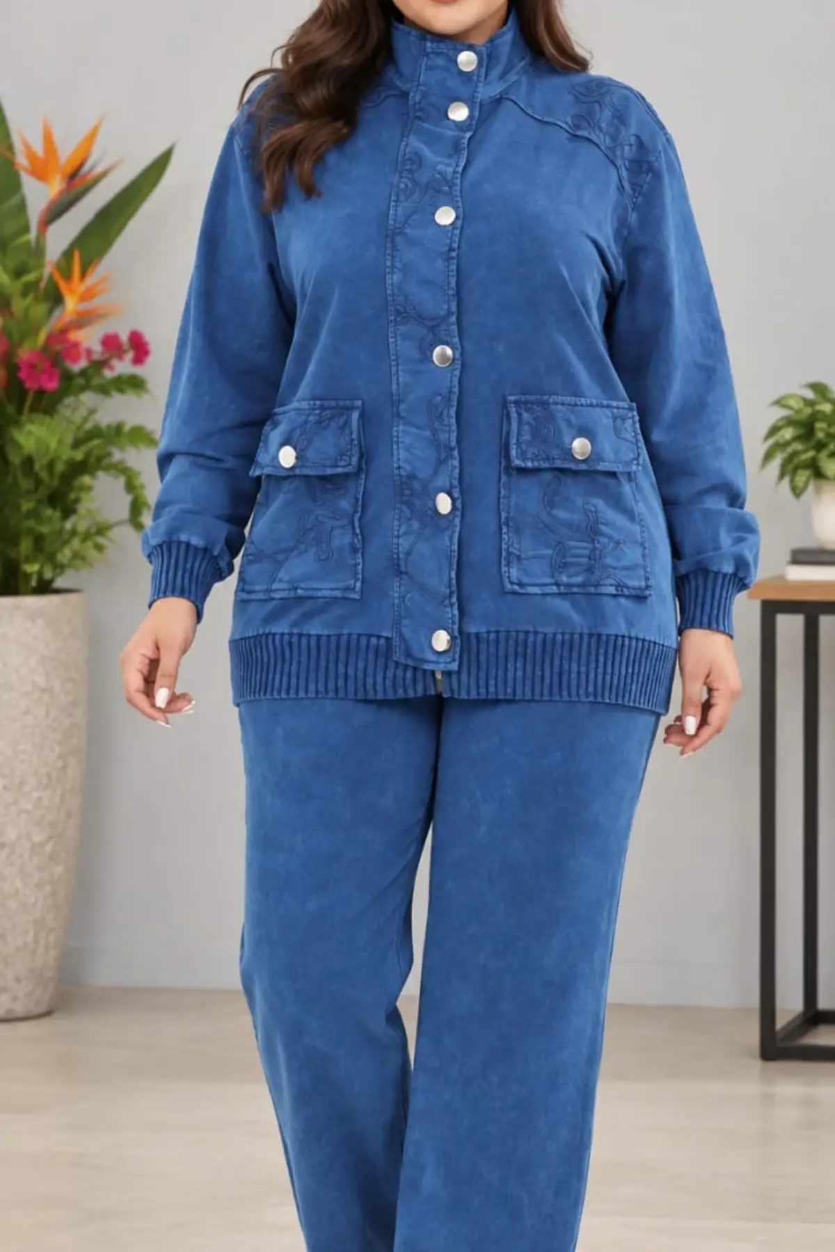 CEDY DENIM Kadın Beli Lastikli Kordon Ayarlamalı Parça Boya Geniş Paça Ceketli Eşofman Takımı C7140 - Mavi