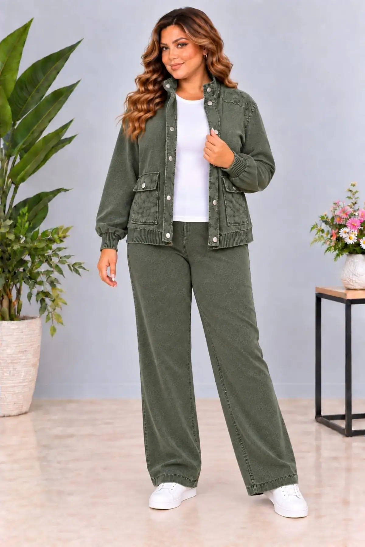 CEDY DENIM Kadın Beli Lastikli Kordon Ayarlamalı Parça Boya Geniş Paça Ceketli Eşofman Takımı C7140 - Haki