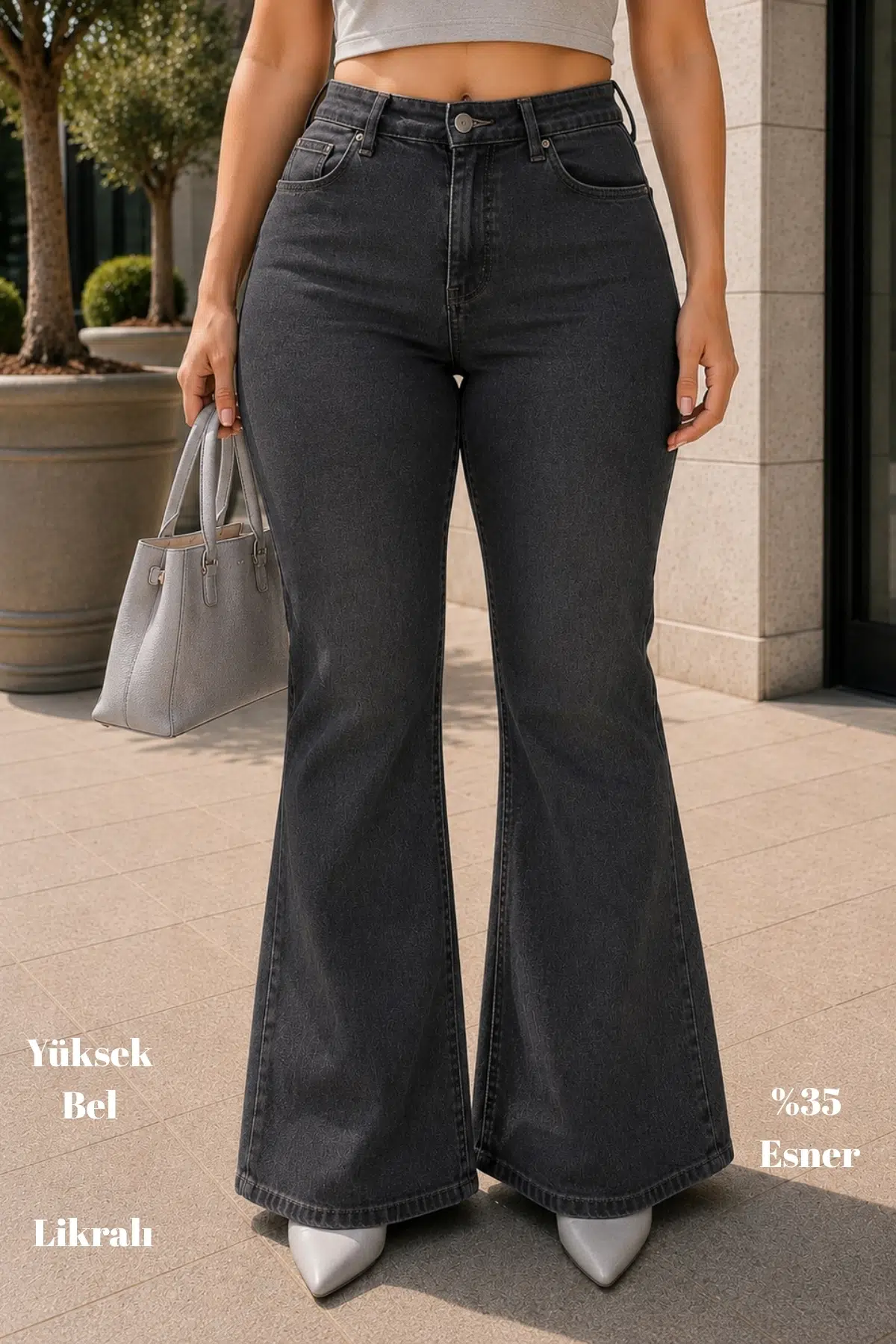 CEDY DENIM - Kadın Büyük Beden İspanyol Paça Yüksek Bel Skinny Fit Likralı Pantolon C628 - Gri