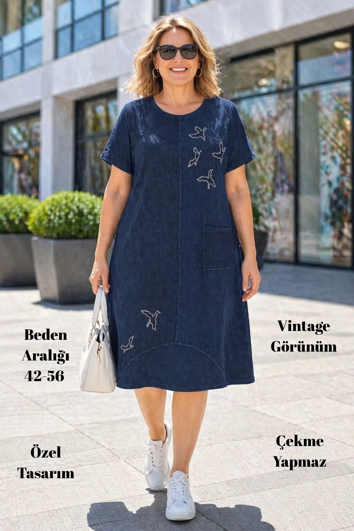 CEDY DENIM - Kadın Büyük Beden Taş Detaylı Rahat Kalıp Günlük Elbise - Lacivert