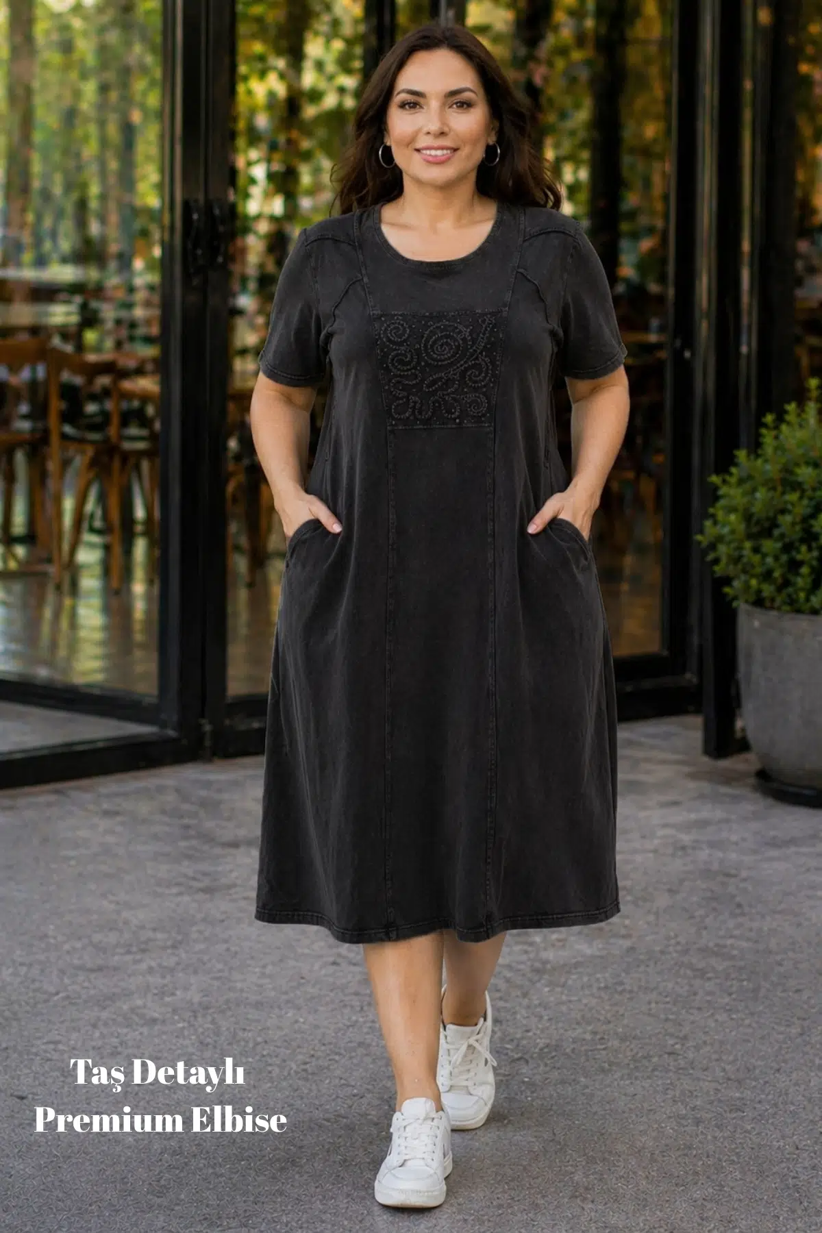 CEDY DENIM Taş İşlemeli Oversize Elbise Rahat Kalıp Günlük Şık Cep Detaylı Yazlık Kadın Elbise - Siyah