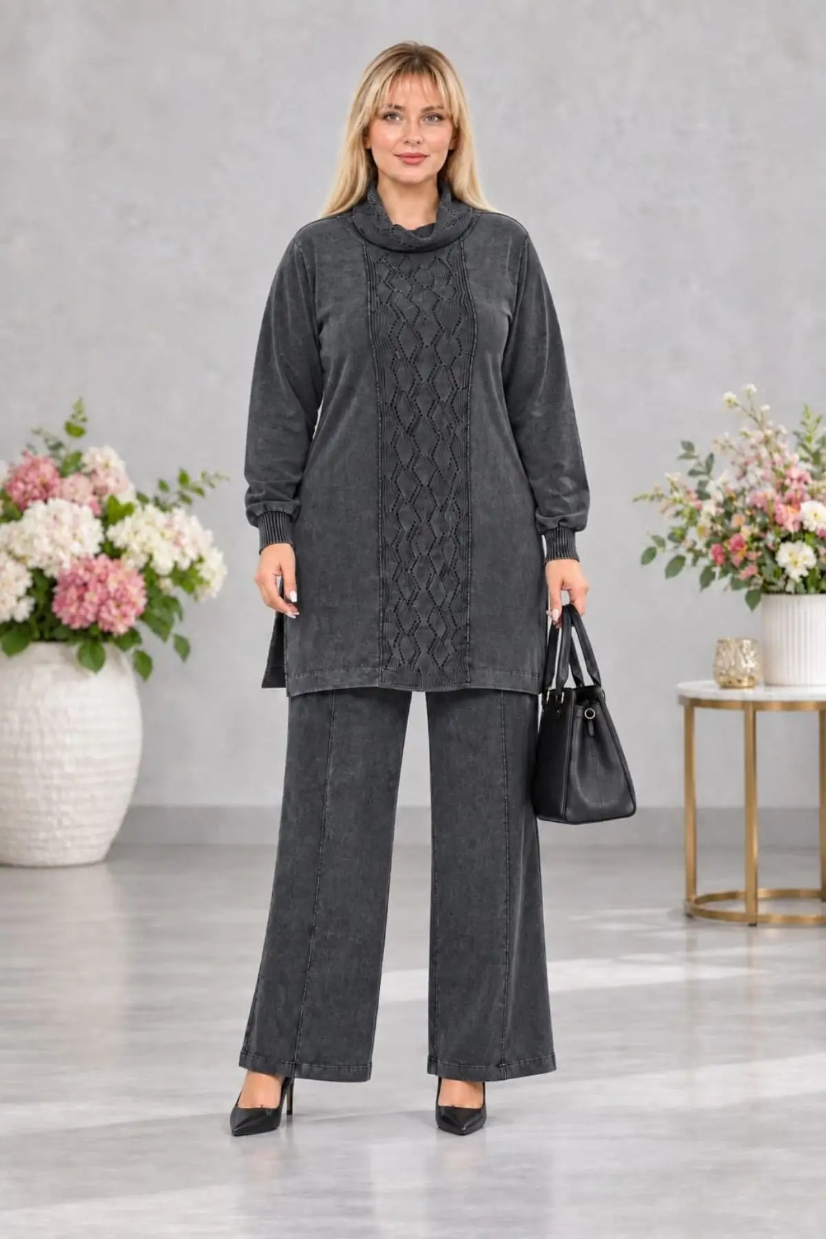 CEDY DENIM- Kadın Büyük Beden Yırtmaçlı Tunik ve Bol Paça Pantolon Takım C8013 - Siyah