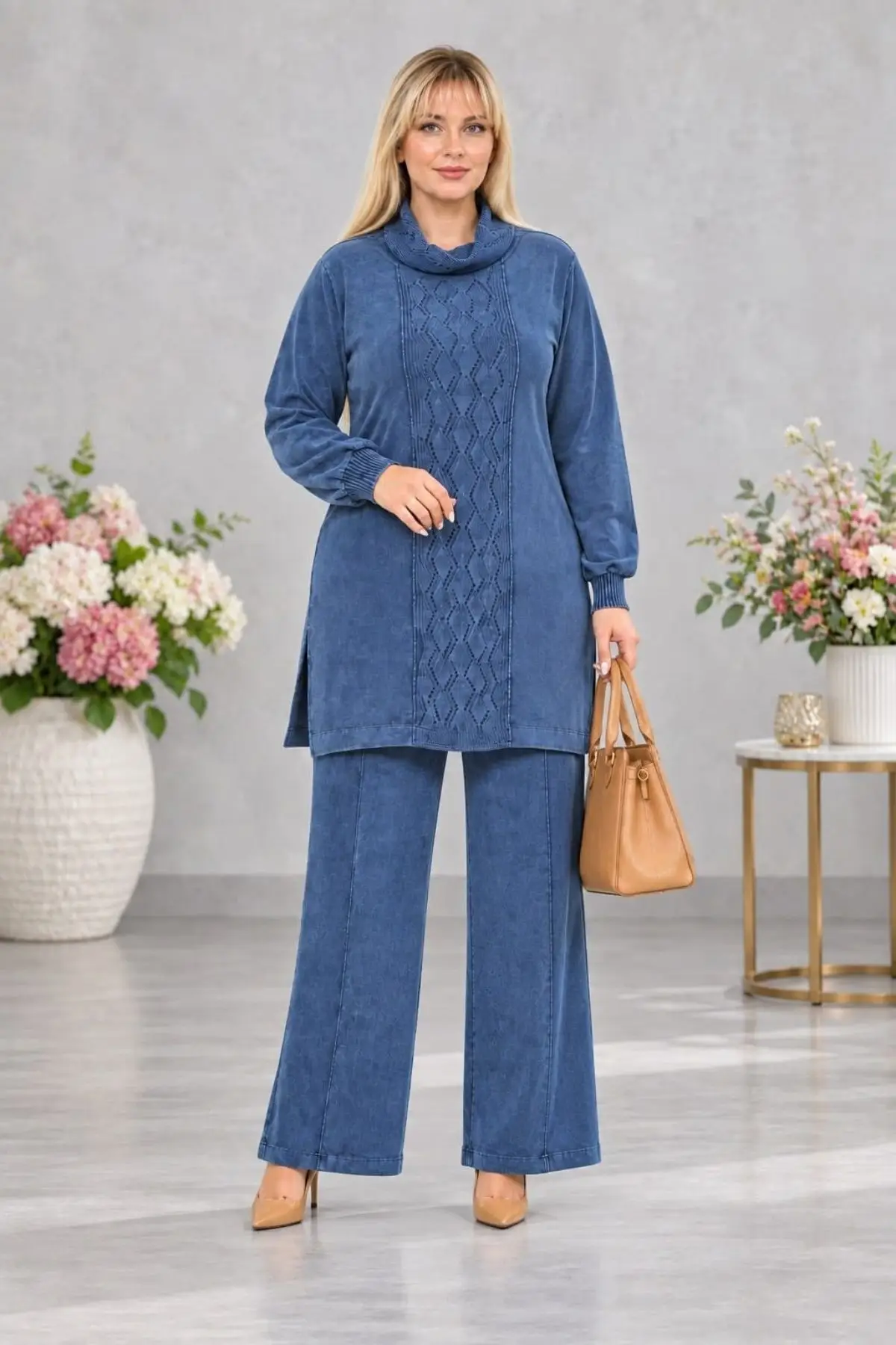 CEDY DENIM- Kadın Büyük Beden Yırtmaçlı Tunik ve Bol Paça Pantolon Takım C8013 - Mavi