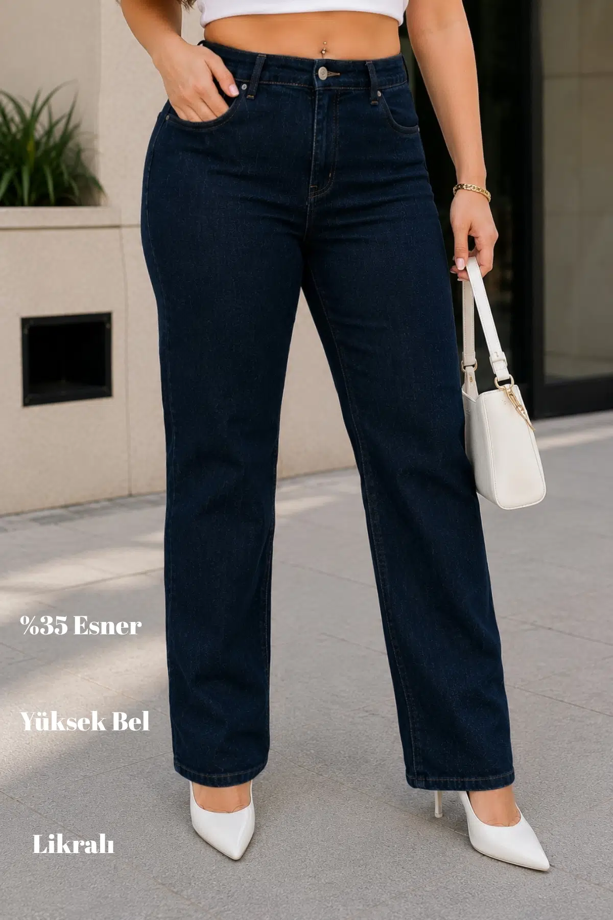 CEDY DENIM - Kadın Büyük Benden Boru Paça Yüksek Bel Regular Fit Likralı Pantolon C626 - Lacivert