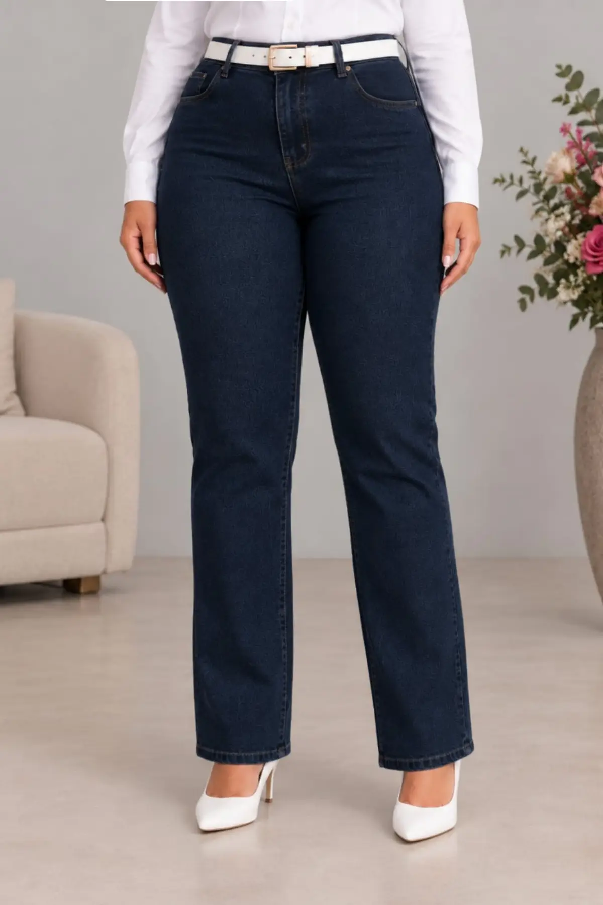 CEDY DENIM - Kadın Büyük Benden Boru Paça Yüksek Bel Regular Fit Likralı Pantolon C626 - Lacivert