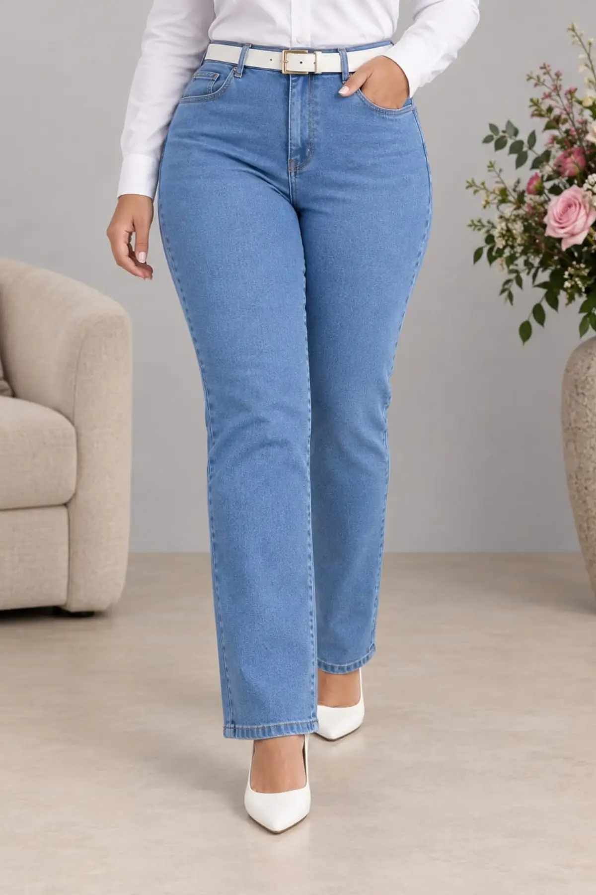 CEDY DENIM - Kadın Büyük Benden Boru Paça Yüksek Bel Regular Fit Likralı Pantolon C626 - Açık Mavi