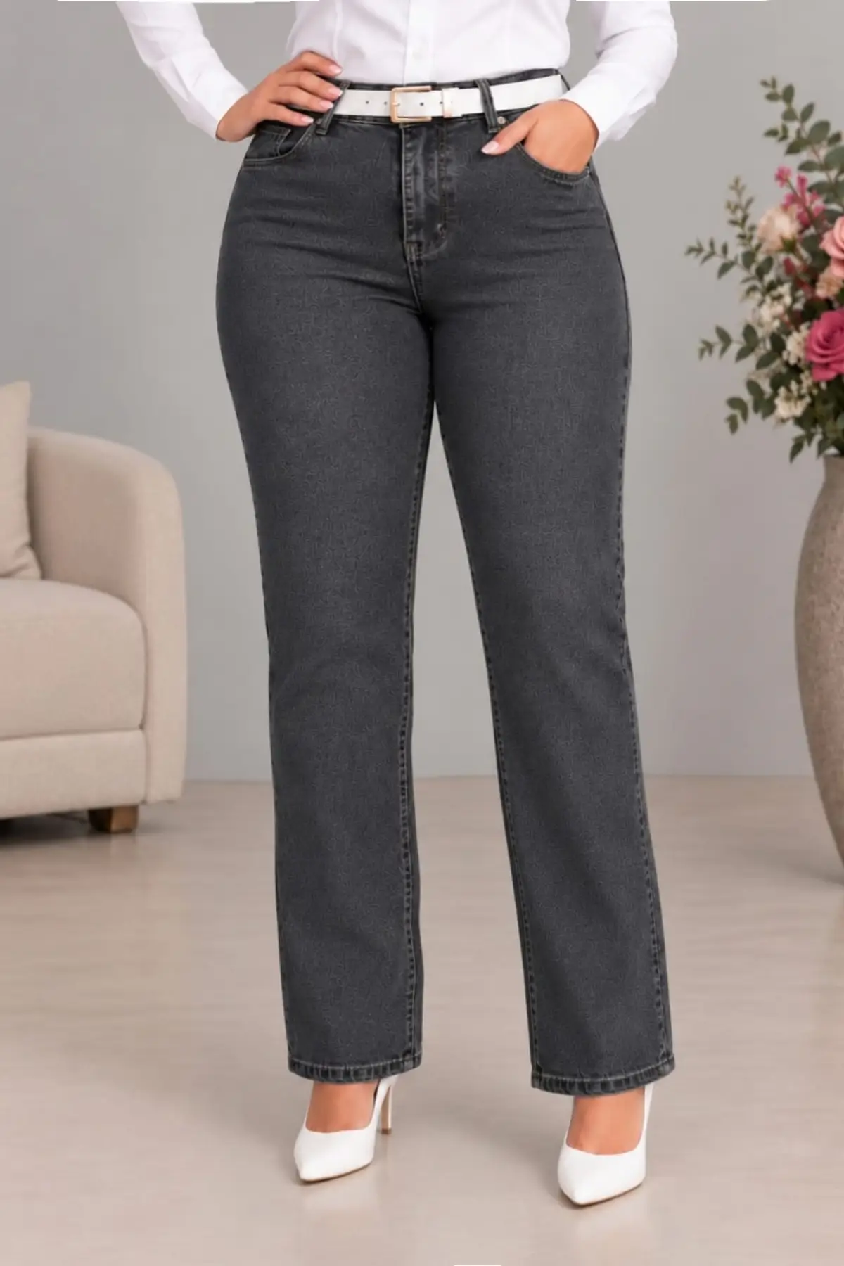 CEDY DENIM - Kadın Büyük Benden Boru Paça Yüksek Bel Regular Fit Likralı Pantolon C626 - Gri