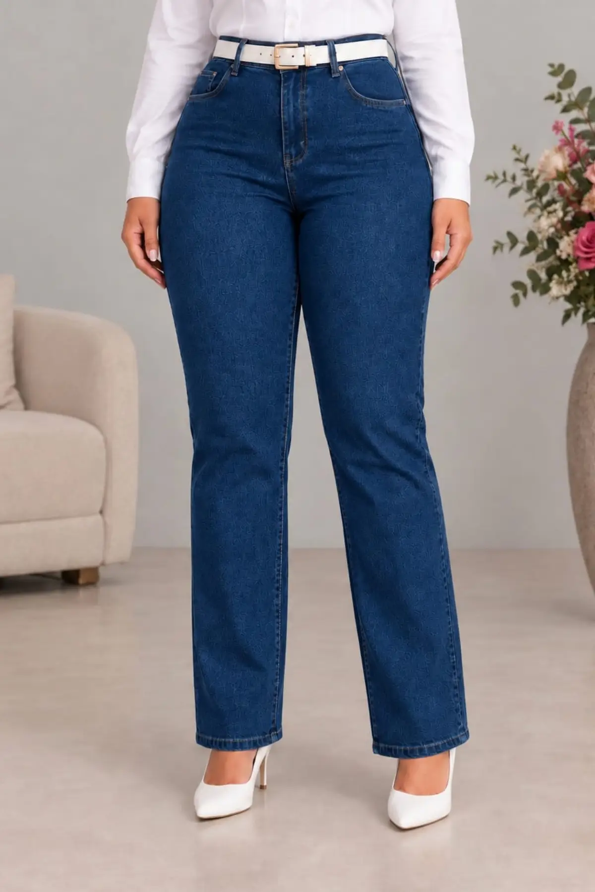 CEDY DENIM - Kadın Büyük Benden Boru Paça Yüksek Bel Regular Fit Likralı Pantolon C626 - Mavi