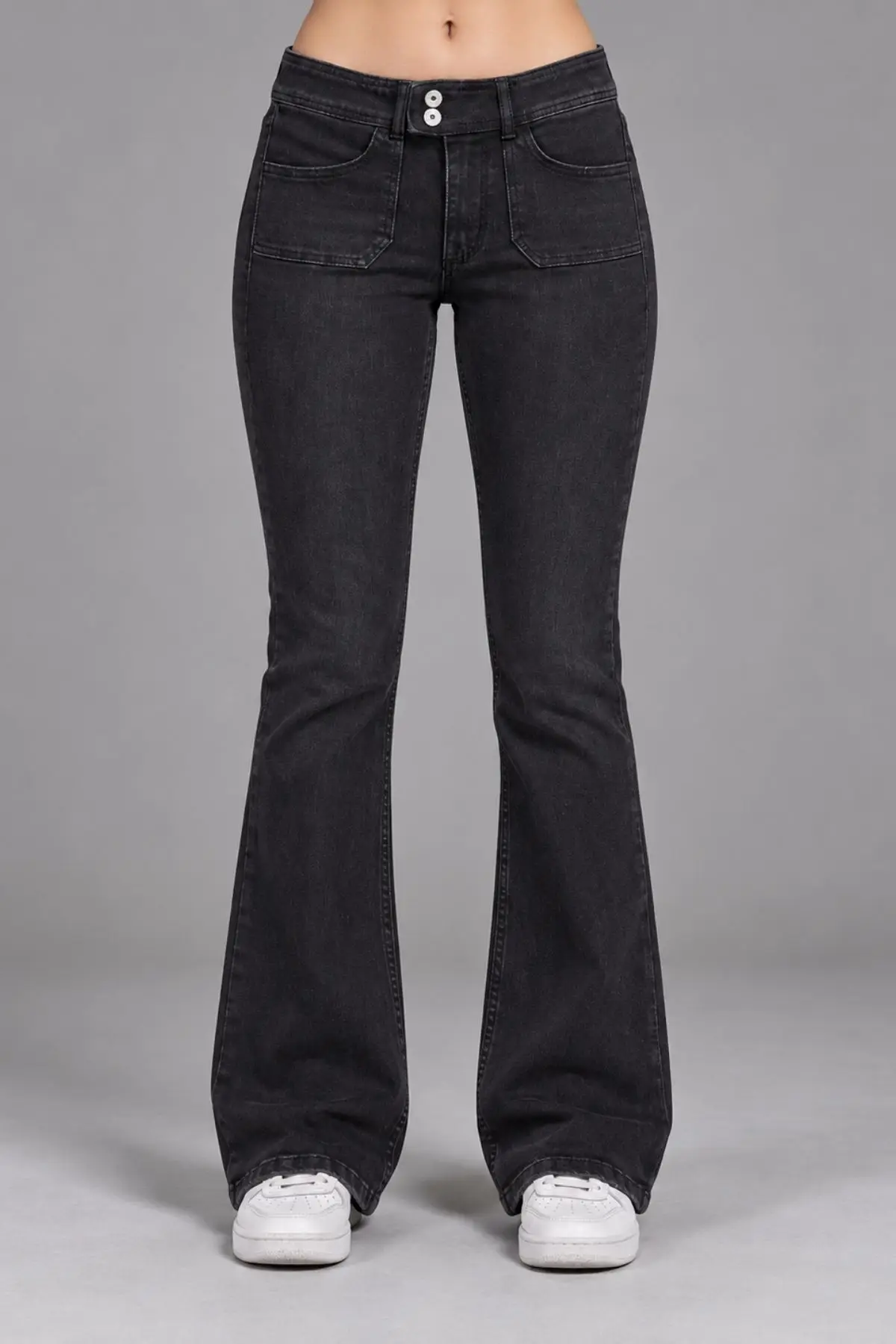 CEDY DENIM Kadın Çift Düğmeli Düşük Bel Bootcut Kalıp Likralı Jean Pantolon Özel Tasarım Cepli C650 - Antrasit