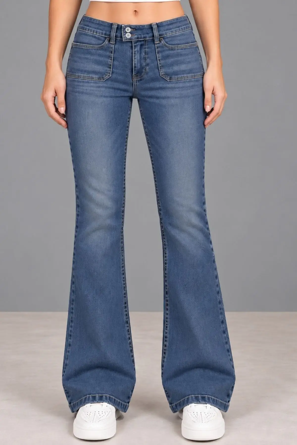 CEDY DENIM Kadın Çift Düğmeli Düşük Bel Bootcut Kalıp Likralı Jean Pantolon Özel Tasarım Cepli C650 - Mavi