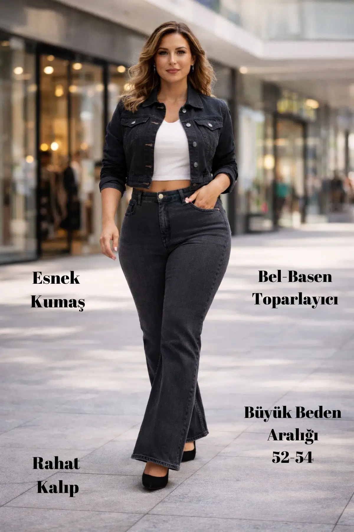 CEDY DENIM - Kadın Siyah Büyük Beden İspanyol Paça Yüksek Bel Skinny Fit Likralı Pantolon C628 - Gri