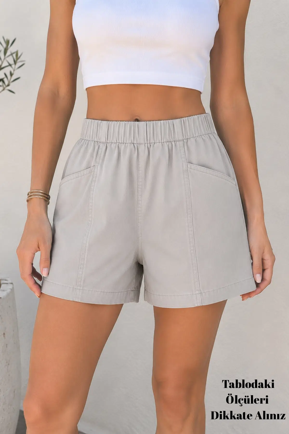 CEDY DENIM - Kadın Yazlık İnce Kumaş Beli Lastikli Salaş Kesim Şort - Taş Rengi