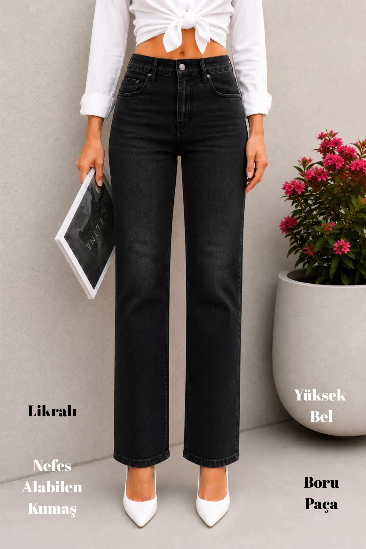 CEDY DENİM-Kadın Yüksek Bel Likralı Boru Paça Pantolon – Esnek Rahat Regular Fit C607 - Siyah