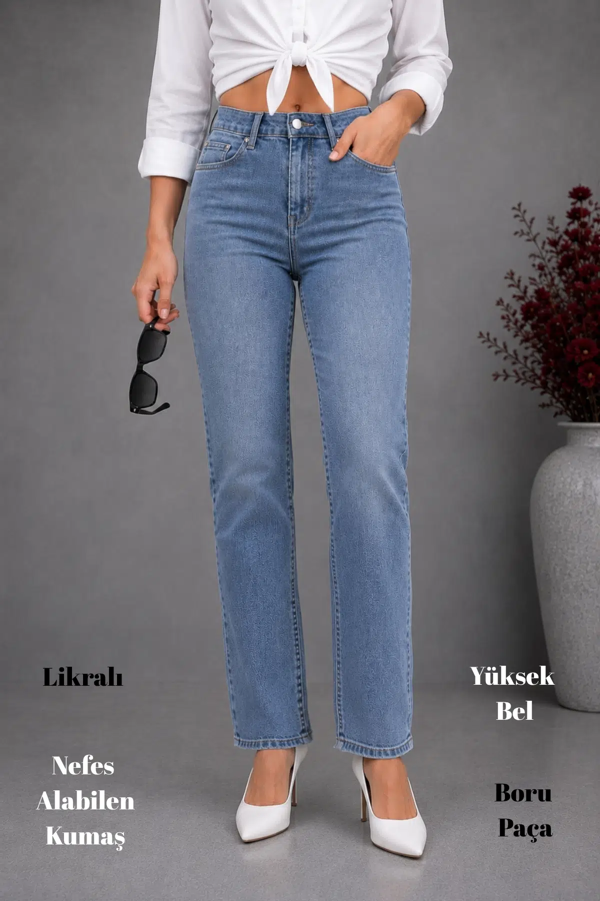 CEDY DENİM-Kadın Yüksek Bel Likralı Boru Paça Pantolon – Esnek Rahat Regular Fit C607 - Açık Mavi