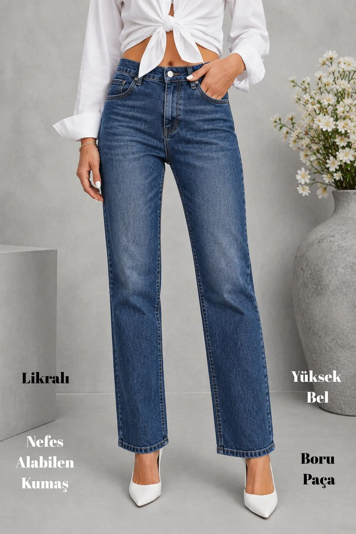 CEDY DENİM-Kadın Yüksek Bel Likralı Boru Paça Pantolon – Esnek Rahat Regular Fit C607 - Mavi