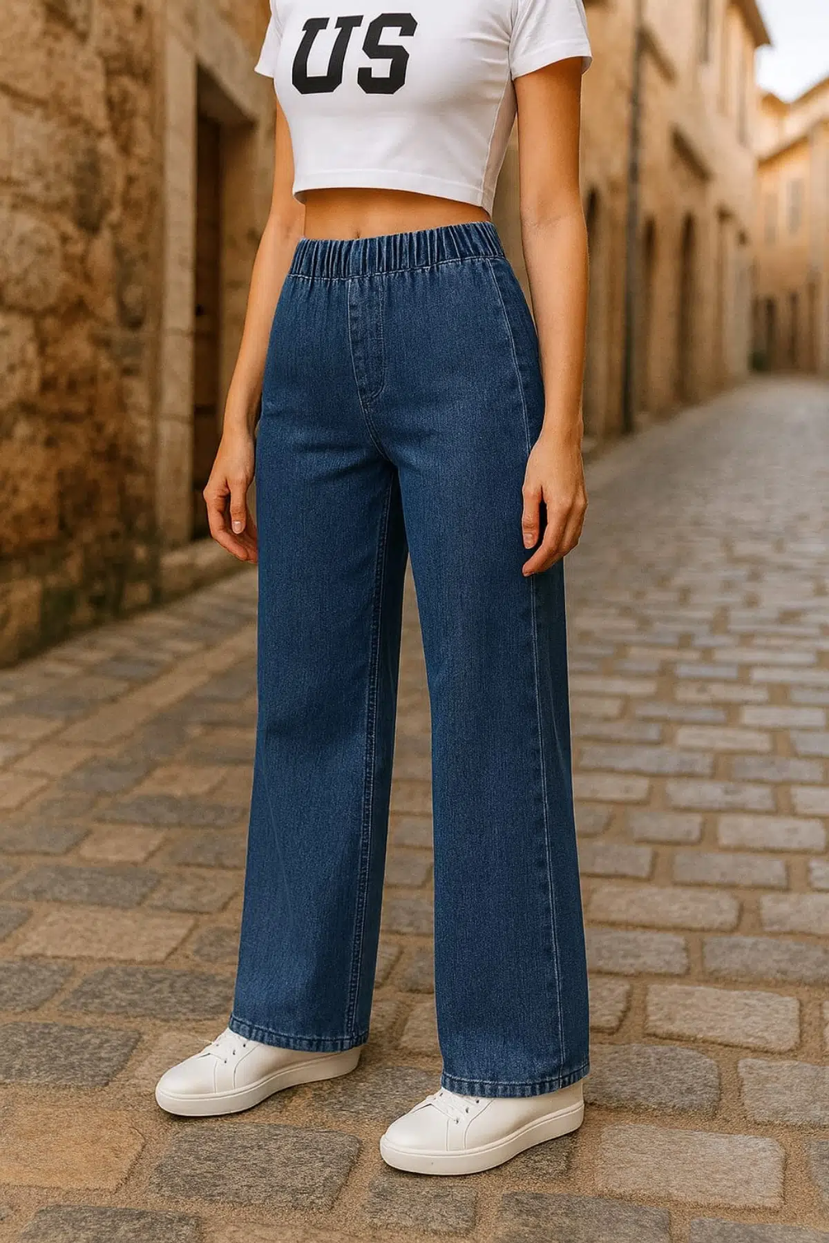 CEDY DENIM- Likralı Kumaş Cepsiz Beli Lastikli Palazzo Pantolon C640 - Açık Mavi