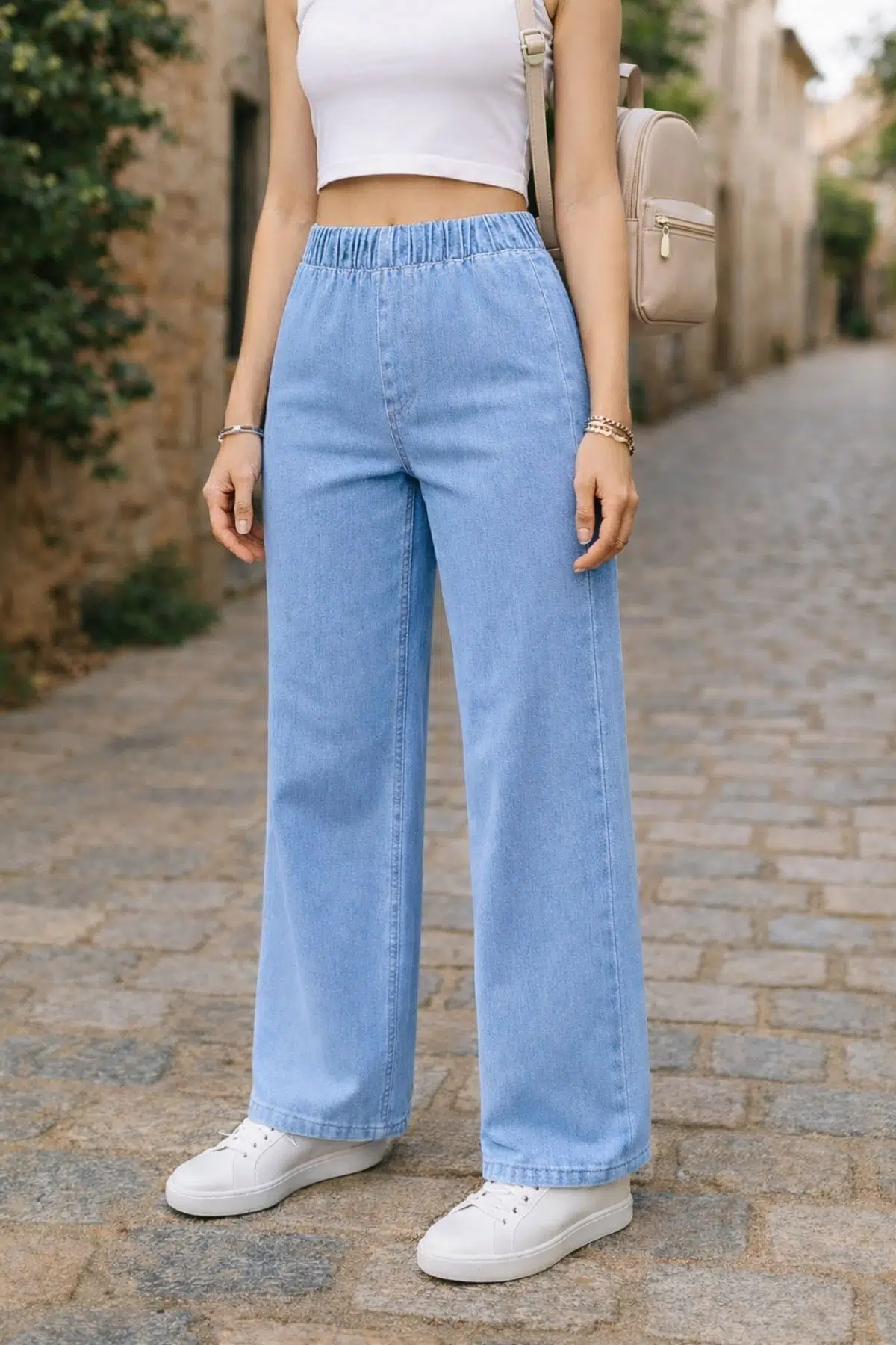 CEDY DENIM- Likralı Kumaş Cepsiz Beli Lastikli Palazzo Pantolon C640 - Buz Mavisi