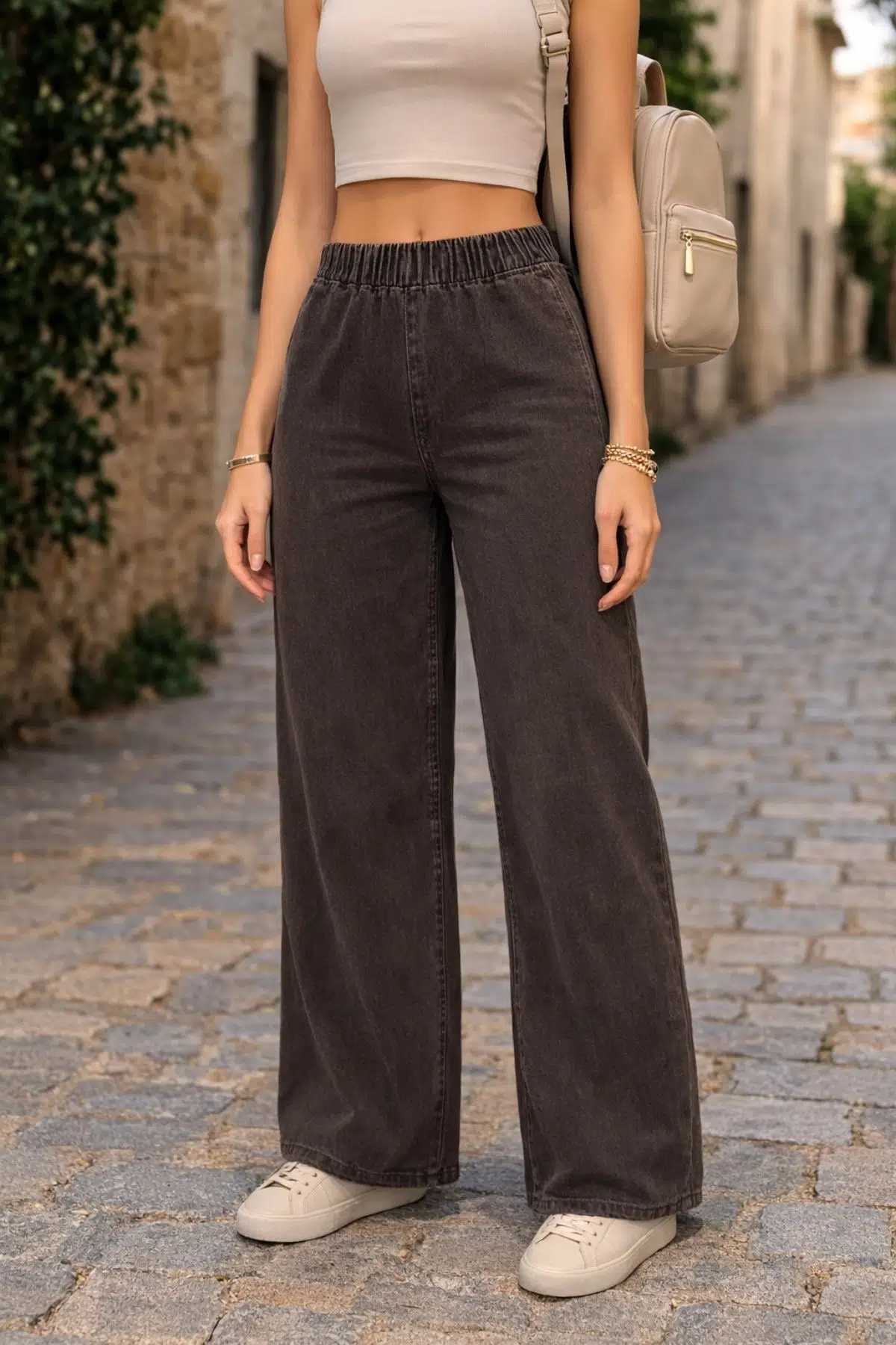 CEDY DENIM- Likralı Kumaş Cepsiz Beli Lastikli Palazzo Pantolon C640 - Kahverengi