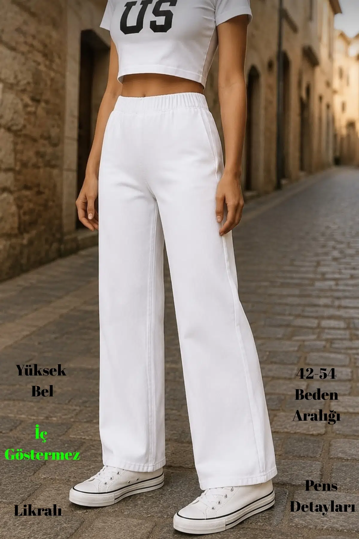 CEDY DENIM- Likralı Kumaş Cepsiz Beli Lastikli Palazzo Pantolon C640 - Beyaz-300
