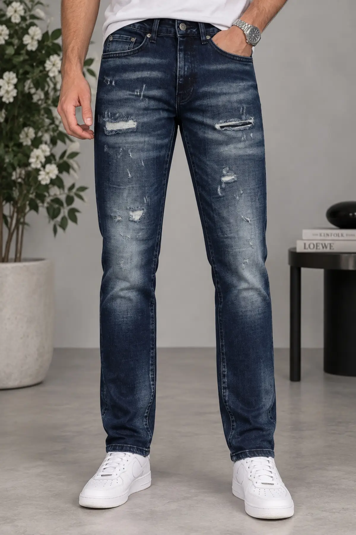 CEDY DENIM Özel Yıkama Yırtık Detaylı Slim Fit Dar Paça Likralı Kot Pantolon Premium Tasarım Esnek Jean CT1215-Lacivert