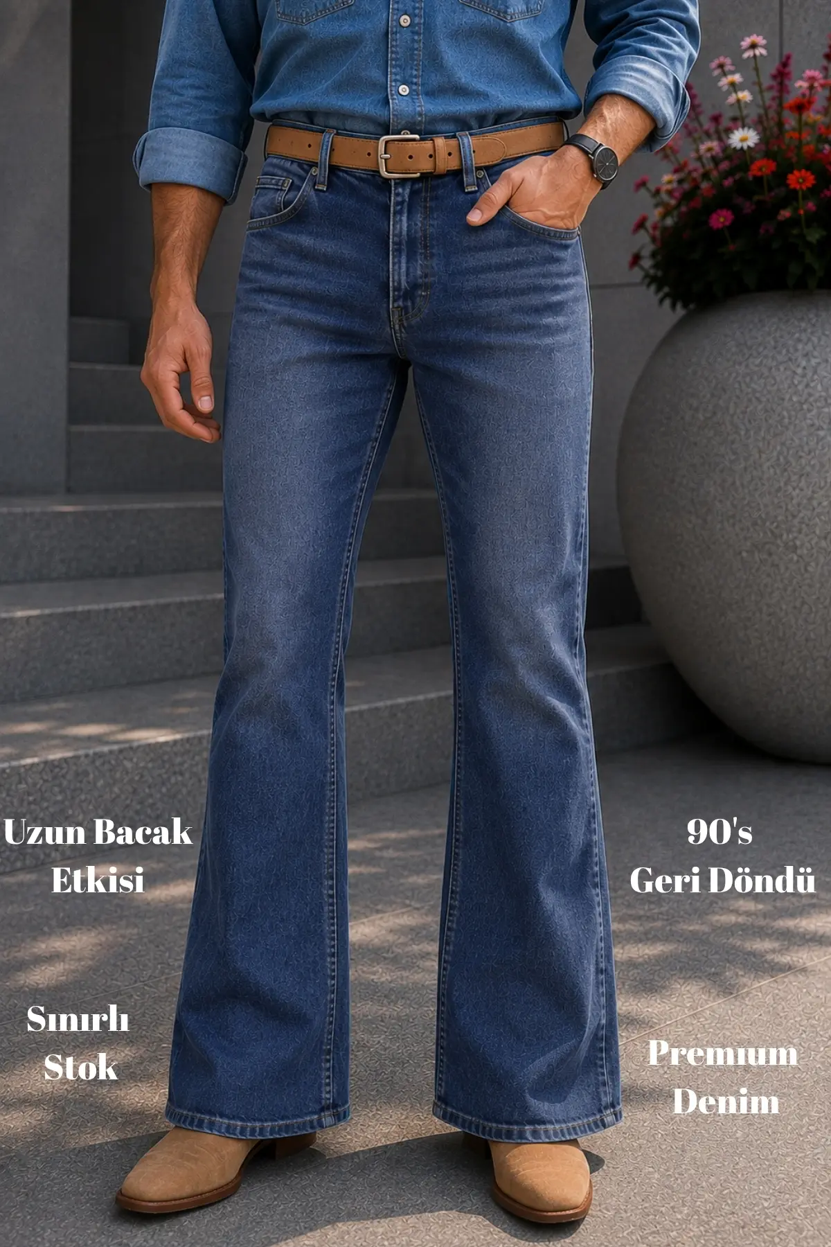 CEDY DENIM Premium Seri: Erkek Retro Flare Bootcut Jean - Geniş Paça Taşlanmış Denim Pantolon C370 - Açık Mavi