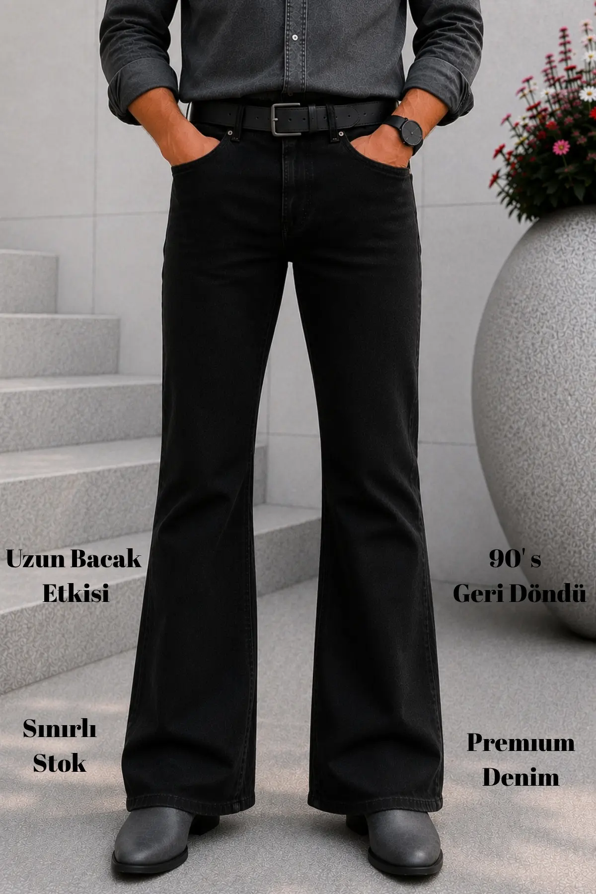 CEDY DENIM Premium Seri: Erkek Retro Flare Bootcut Jean - Geniş Paça Taşlanmış Denim Pantolon C370 - Siyah