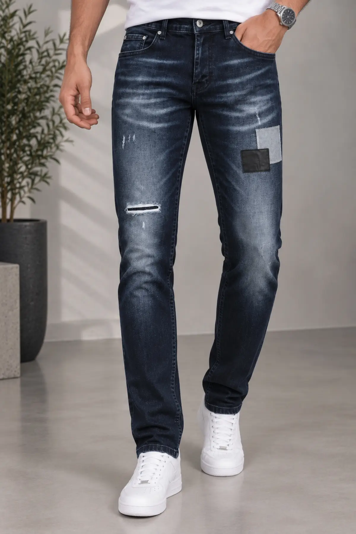 CEDY DENIM Erkek Slim Fit Deri & Denim Yama Detaylı Yırtıklı Jean Pantolon Vintage Eskitme Tasarım Kot CT1220-Lacivert