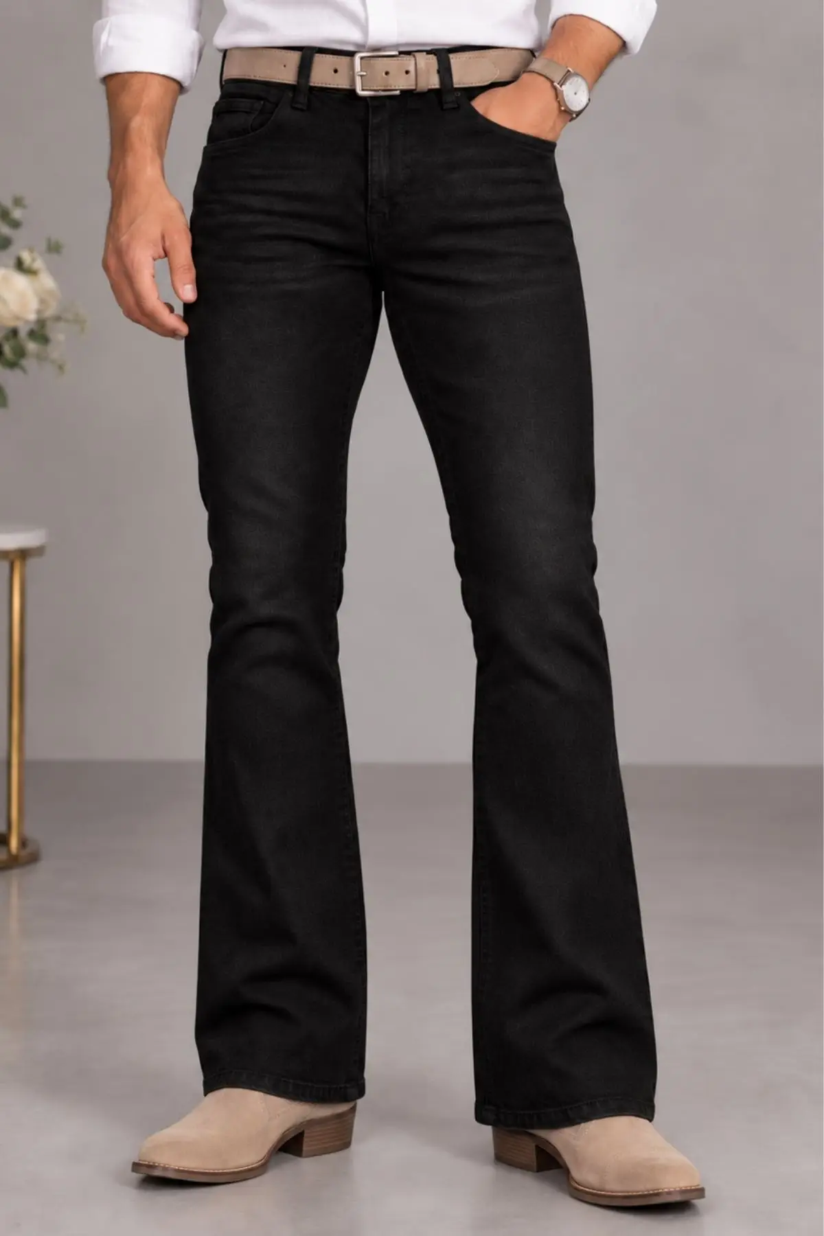 CEDY DENIM Premium Seri: Erkek Retro Flare Bootcut Jean - Geniş Paça Taşlanmış Denim Pantolon C370 - Siyah