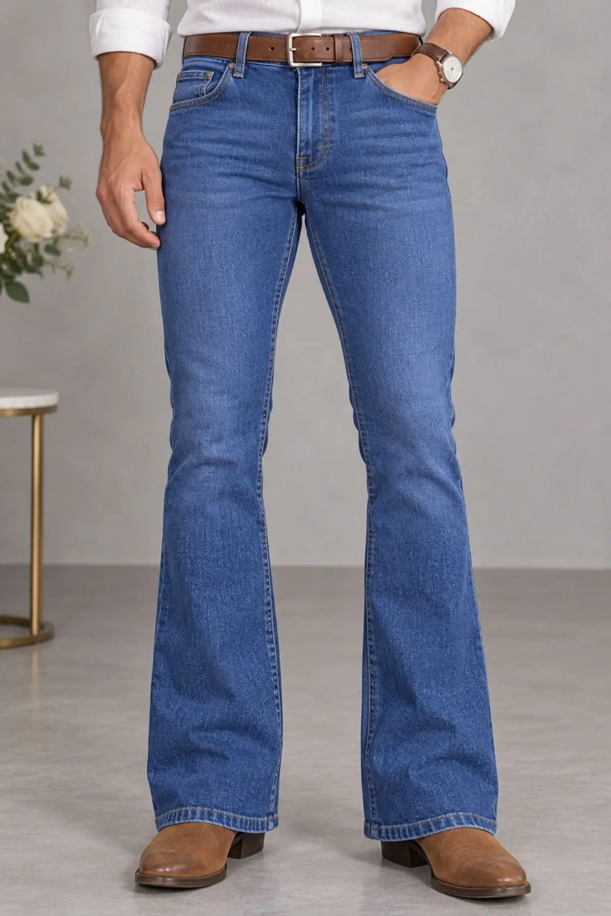 CEDY DENIM Premium Seri: Erkek Retro Flare Bootcut Jean - Geniş Paça Taşlanmış Denim Pantolon C370 - Açık Mavi