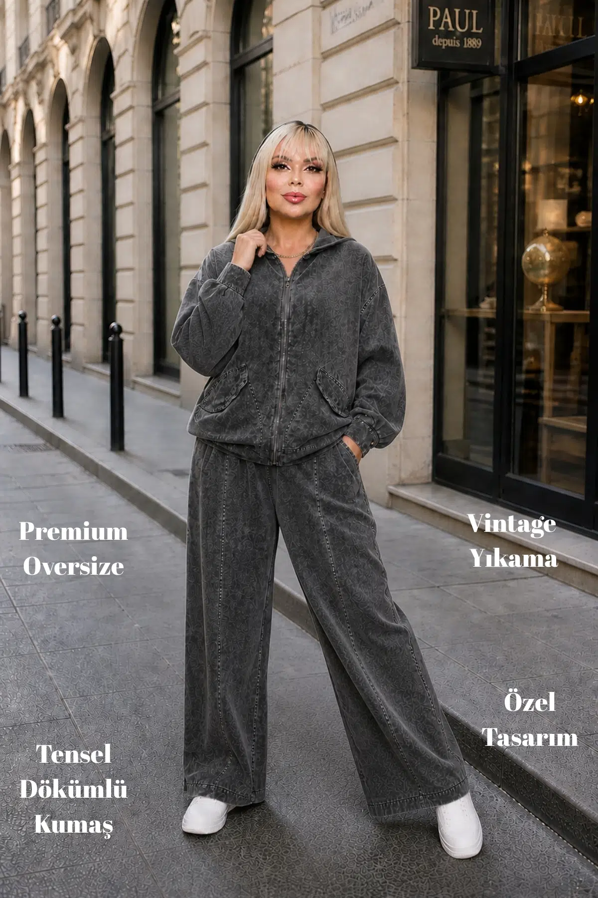 CEDY DENIM-Tensel Kumaş Dökümlü Takım – Oversize Rahat Kesim Premium Günlük Stil - Antrasit