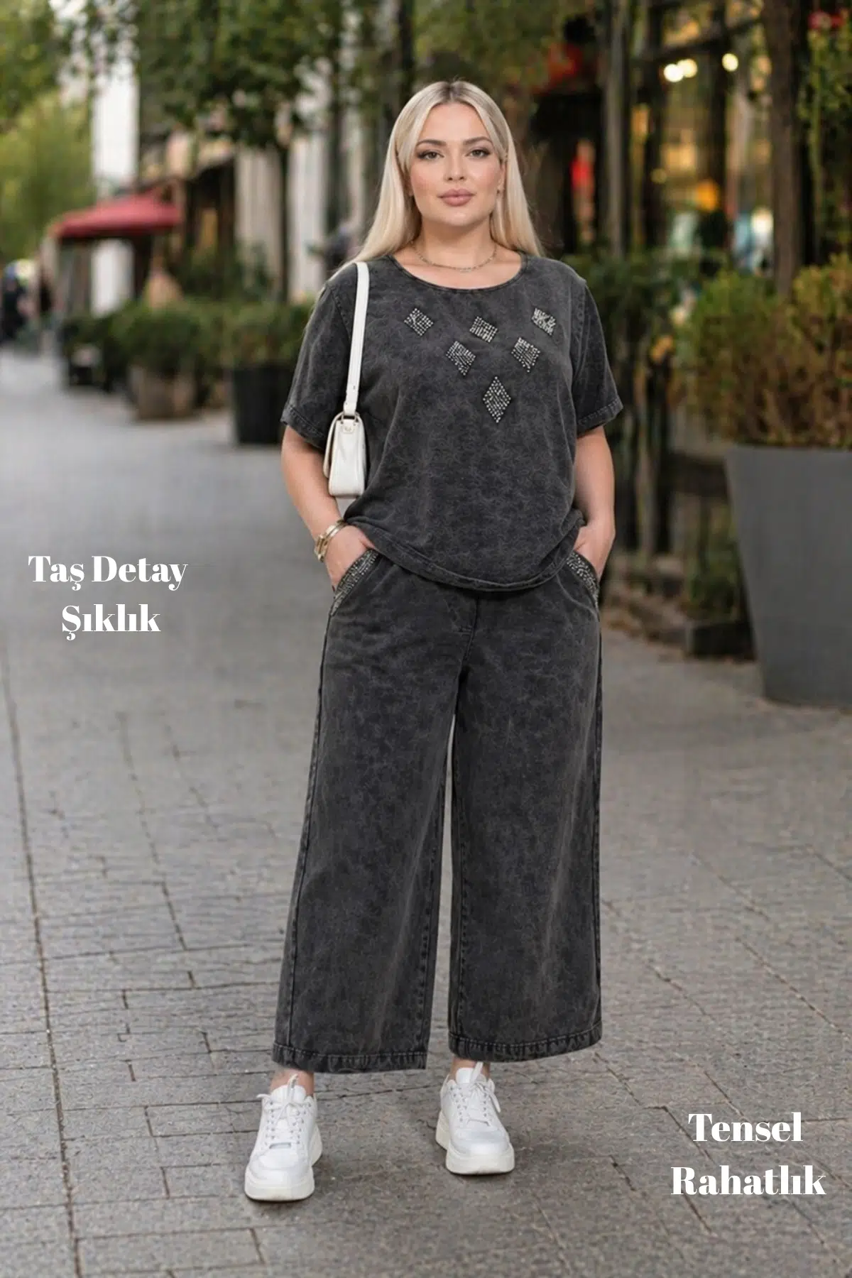 CEDY DENIM -Tensel Kumaş Taş Detaylı Oversize Geniş Paça Alt Üst Takım - Antrasit