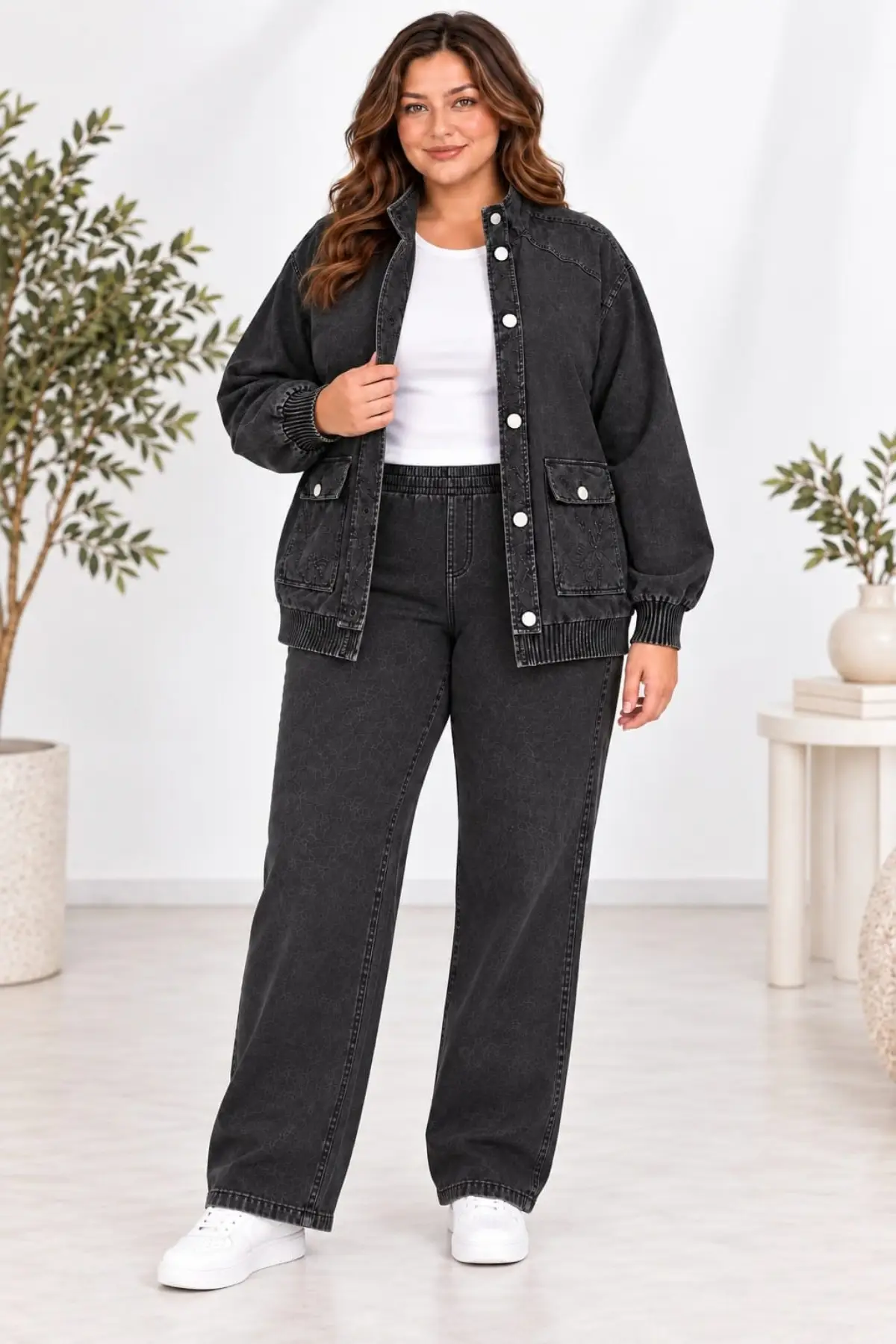 CEDY DENIM Kadın Beli Lastikli Kordon Ayarlamalı Parça Boya Geniş Paça Ceketli Eşofman Takımı C7140