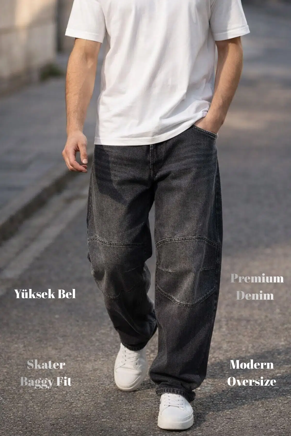 CEDY DENIM Yüksek Kalite Erkek Yüksek Bel Skater Baggy JeanPantolon C362 - Siyah