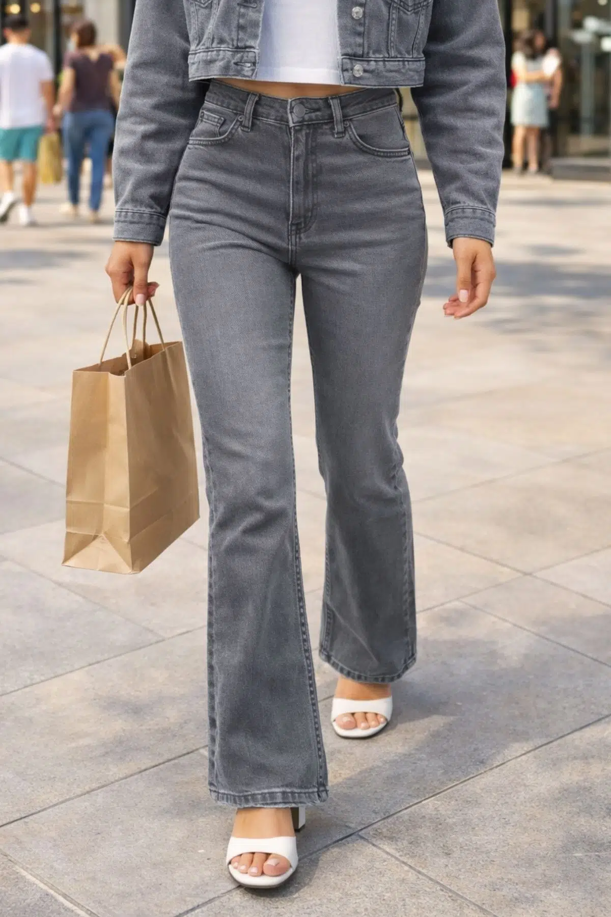 CEDY DENIM Yüksek Kalite Kadın 5 Cep Düşük Bel İspanyol Paça SkinnyFit Esnek Jean Pantolon C619 - Açık Gri