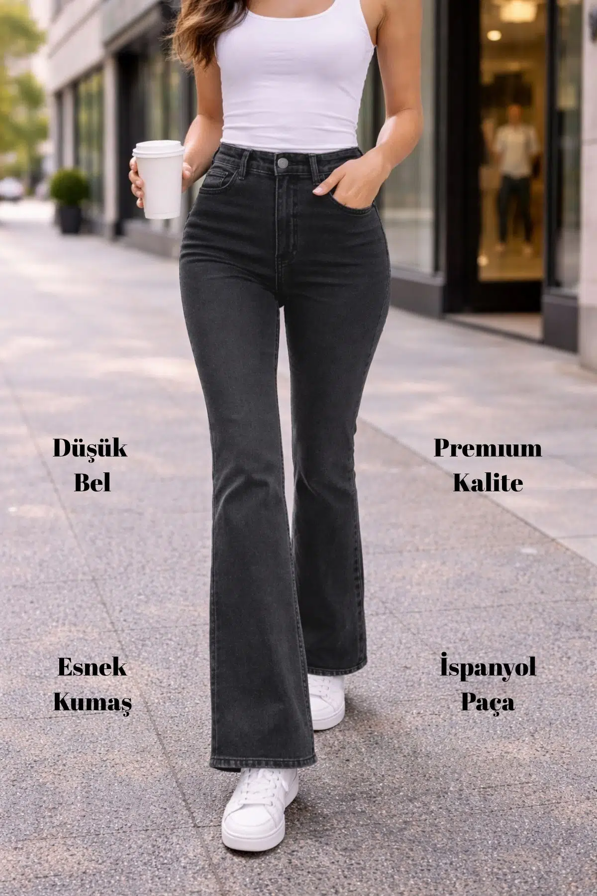 CEDY DENIM Yüksek Kalite Kadın 5 Cep Düşük Bel İspanyol Paça SkinnyFit Esnek Jean Pantolon C619 - Antrasit