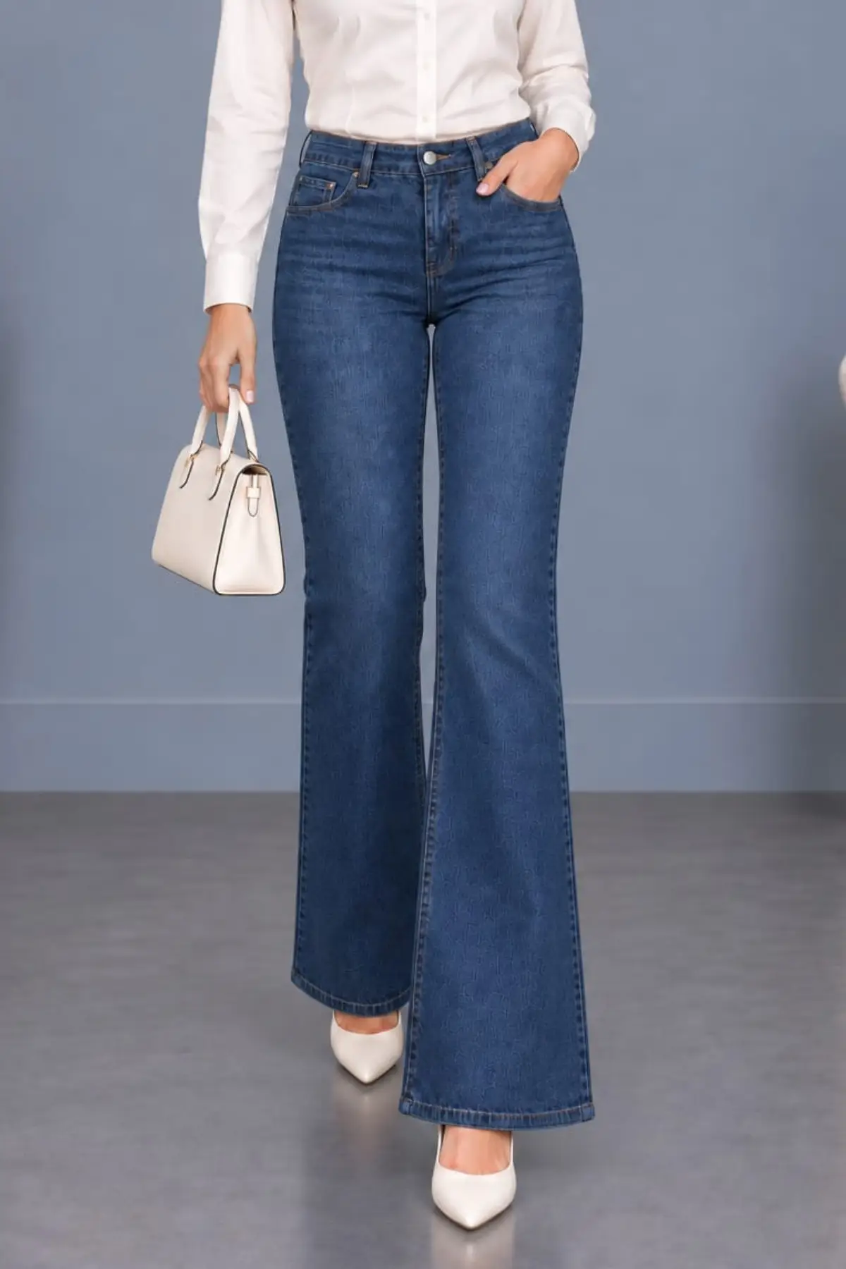 CEDY DENIM Yüksek Kalite Kadın 5 Cep Düşük Bel İspanyol Paça SkinnyFit Esnek Jean Pantolon C619 - Mavi